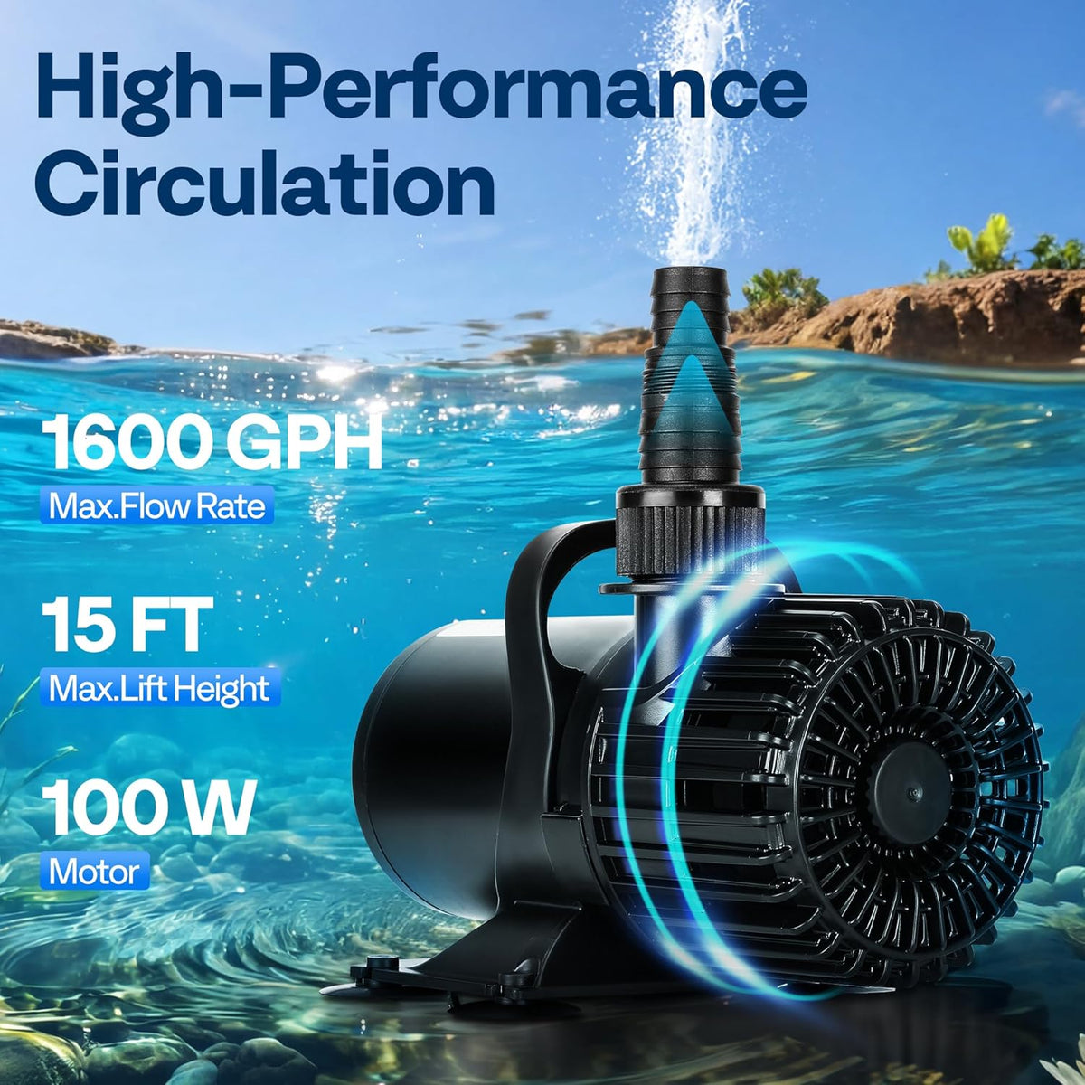 100W Pond Pump, 1600GPH Submersible Water Pump for Koi Pond