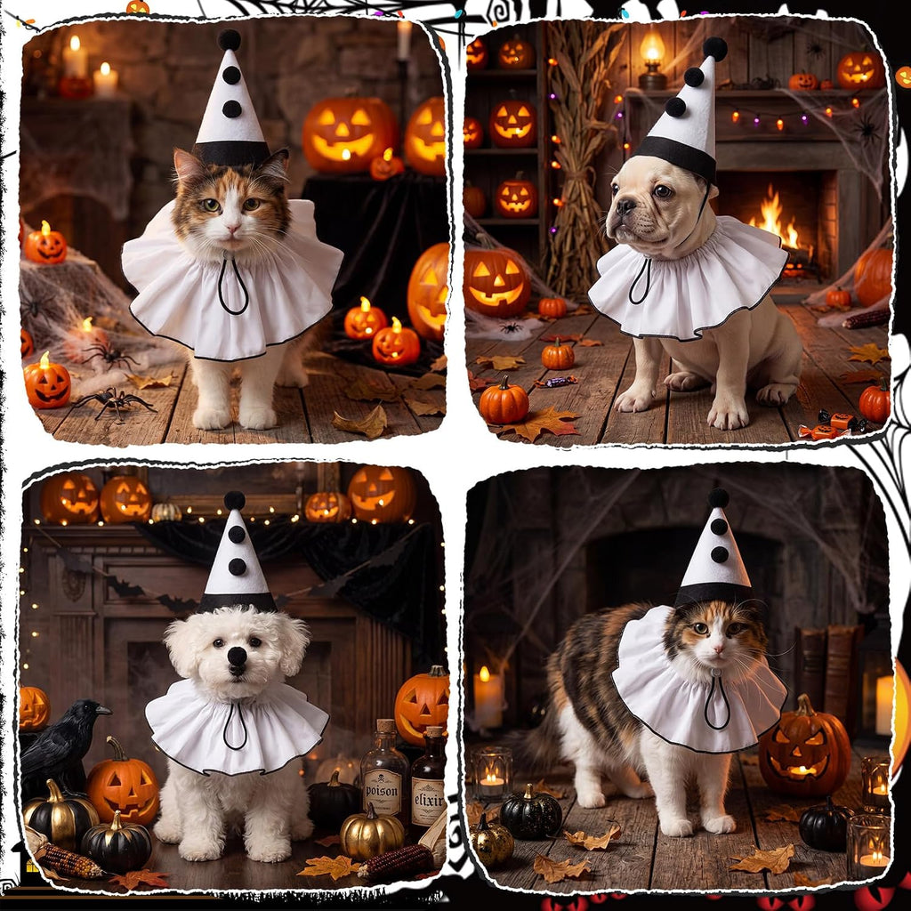 Dog Halloween Costumes Ghost Funny Pet Costume Set Adjustable White Clown Hat and Ruffled Collar for Small Medium