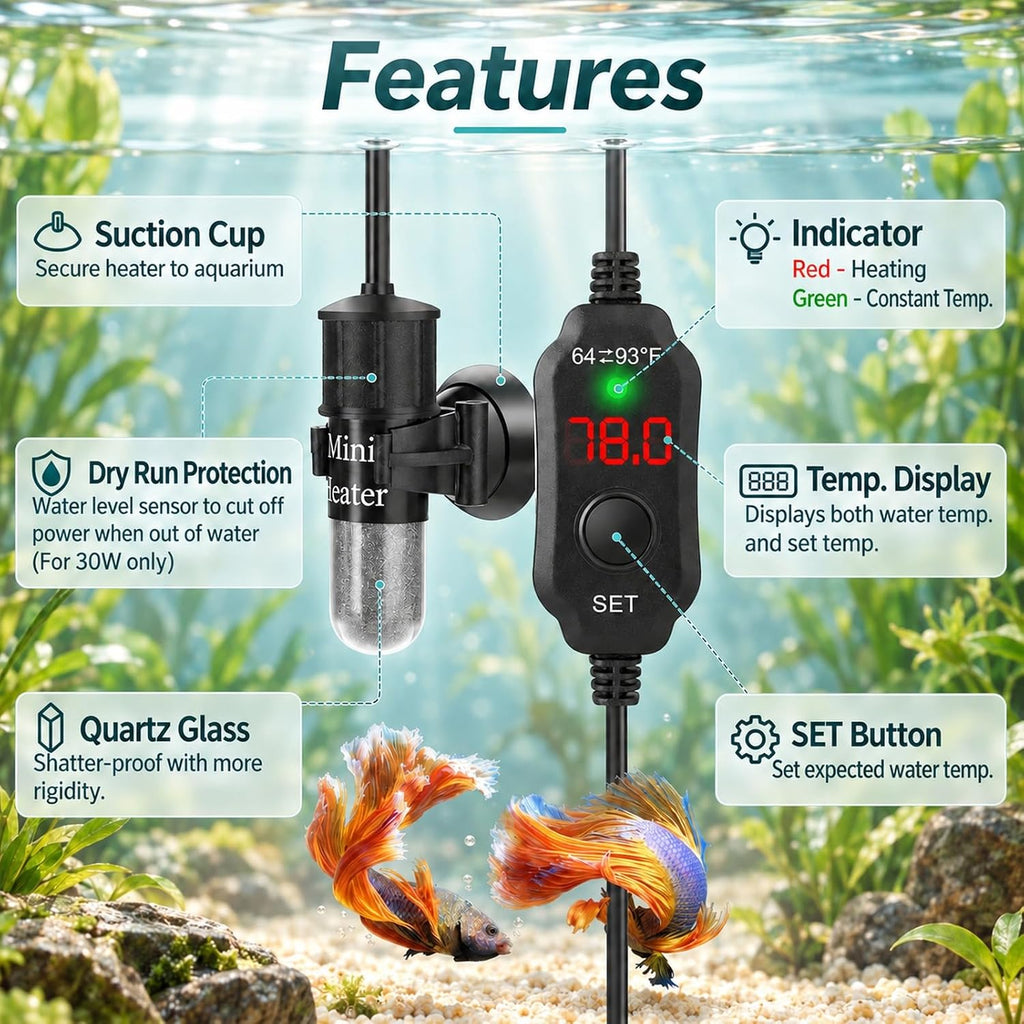 Thumb-Sized 20W Super Mini Aquarium Heater for 2-4 Gallon Small Tanks
