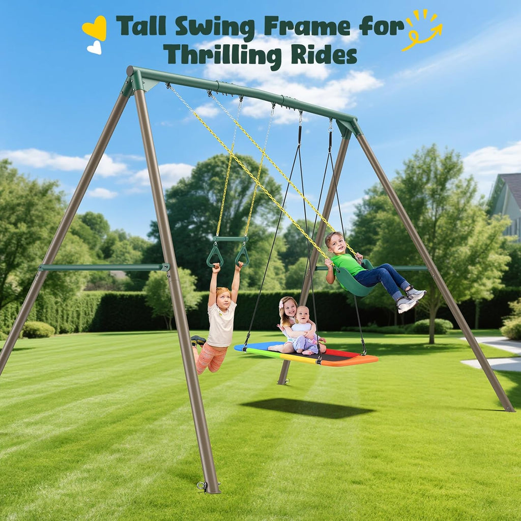 9.5' Tall Swing Sets for Backyard with Platform Swing, Heavy Duty Metal Swingset Outdoor for Kids with Trapeze Bar