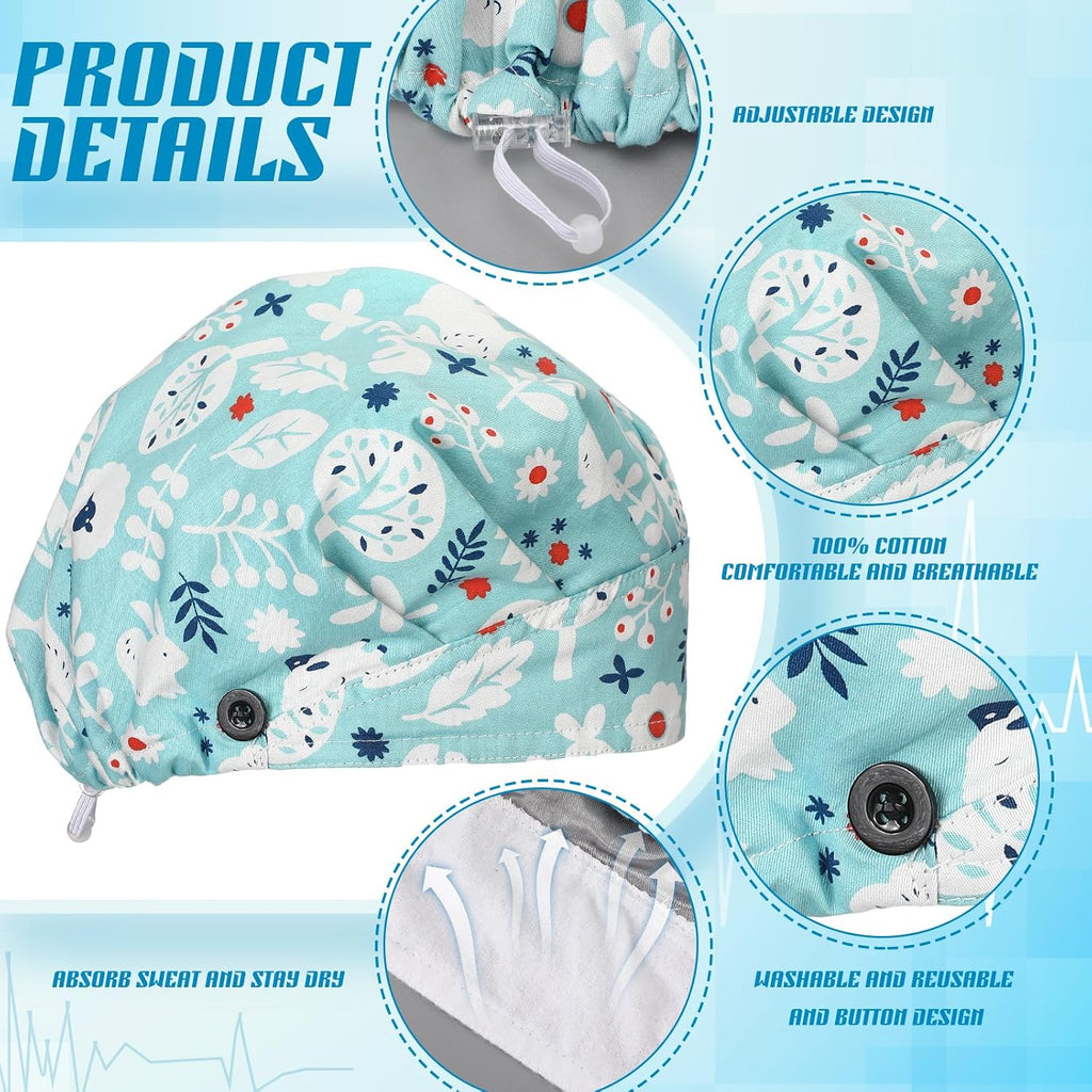 6 Pieces Bouffant Caps with Buttons Surgical Working Hats
