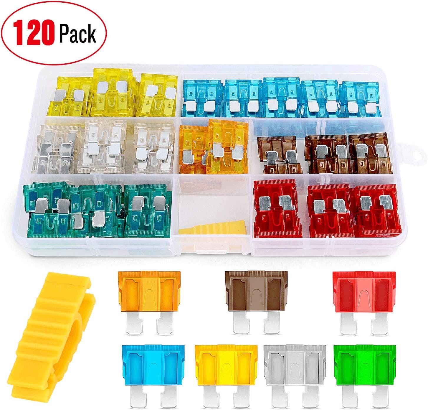 50029R 120 Pcs Standard Blade Fuse 5A/7.5A/10A/15A/20A/25A/30A AMP Assorted Set with 10 Pack 14AWG ATC/ATO Inline
