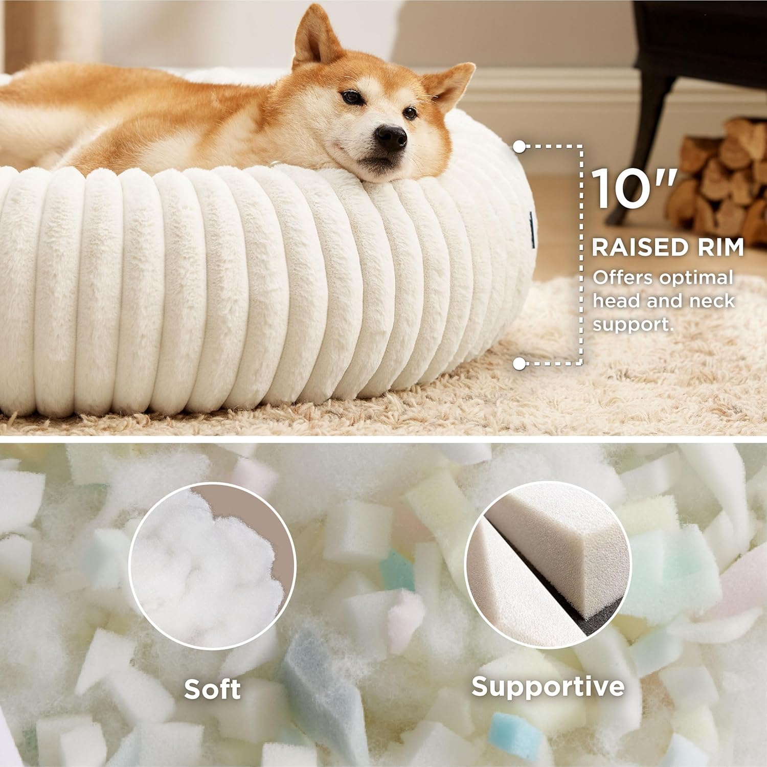 ComfyFleece Donut Large Dog Bed - Washable Faux Fur with Corduroy Fleece & Anti Slip Bottom, Round Pet Bed with