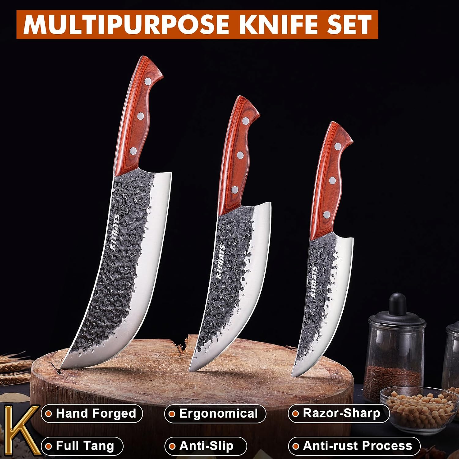 Professional Butcher Knife Set, Hand Forged Heavy Duty Meat Cleaver Serbian Chef Knife Viking Boning Knife 3PCS