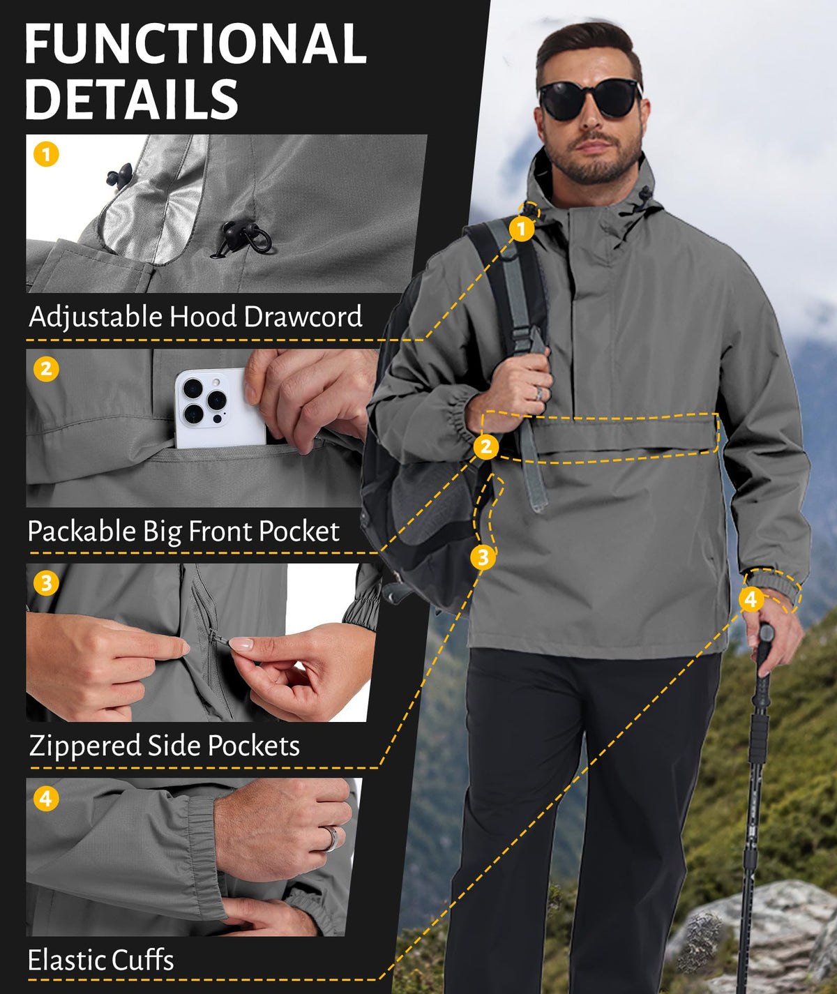 Men's Breathable Pullover Rain Jacket Shell Waterproof Raincoat