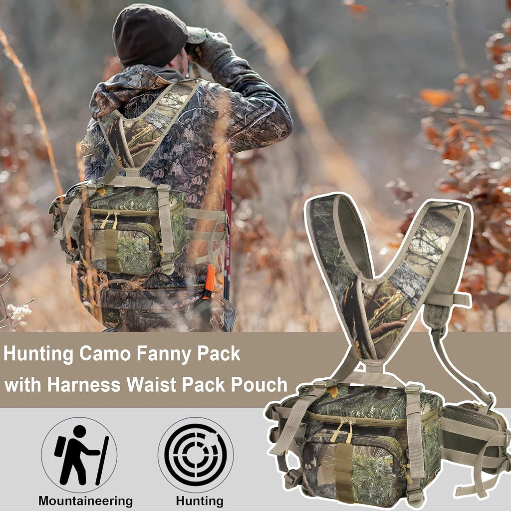 Hunting Fanny Pack, Waist-Pack Style Hunting Pack, Camo Hunting Fanny Waist Pack with Shoulder Straps and Harness