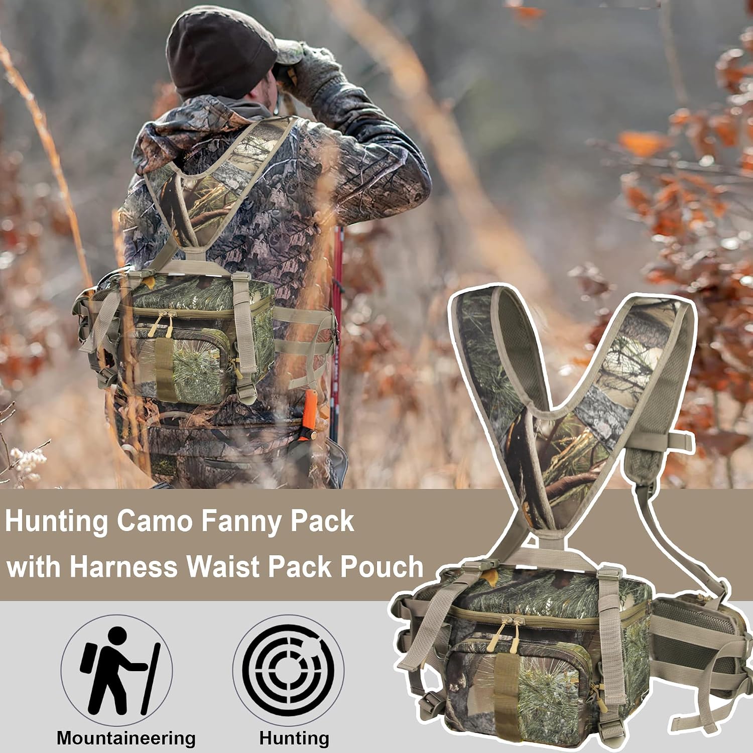 Hunting Fanny Pack, Waist-Pack Style Hunting Pack, Camo Hunting Fanny Waist Pack with Shoulder Straps and Harness
