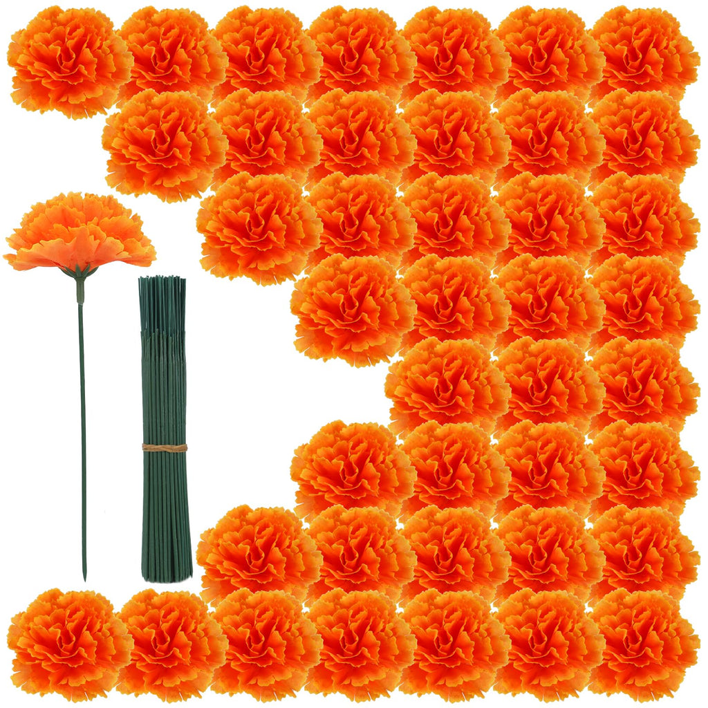 100PCS Orange Artificial Marigold Flower Heads with Stems