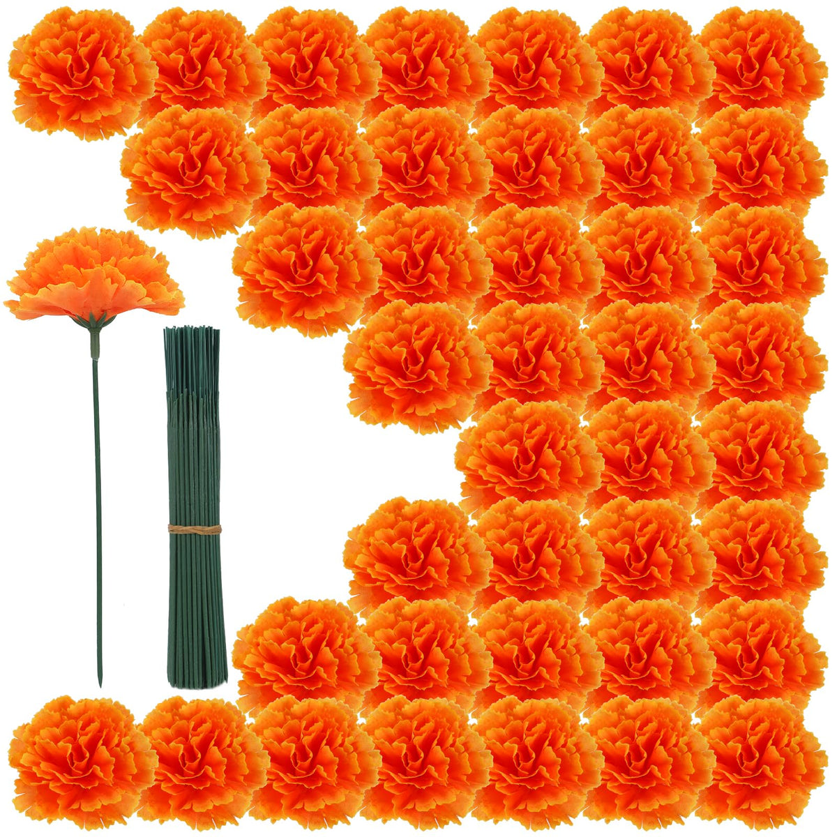 100PCS Orange Artificial Marigold Flower Heads with Stems