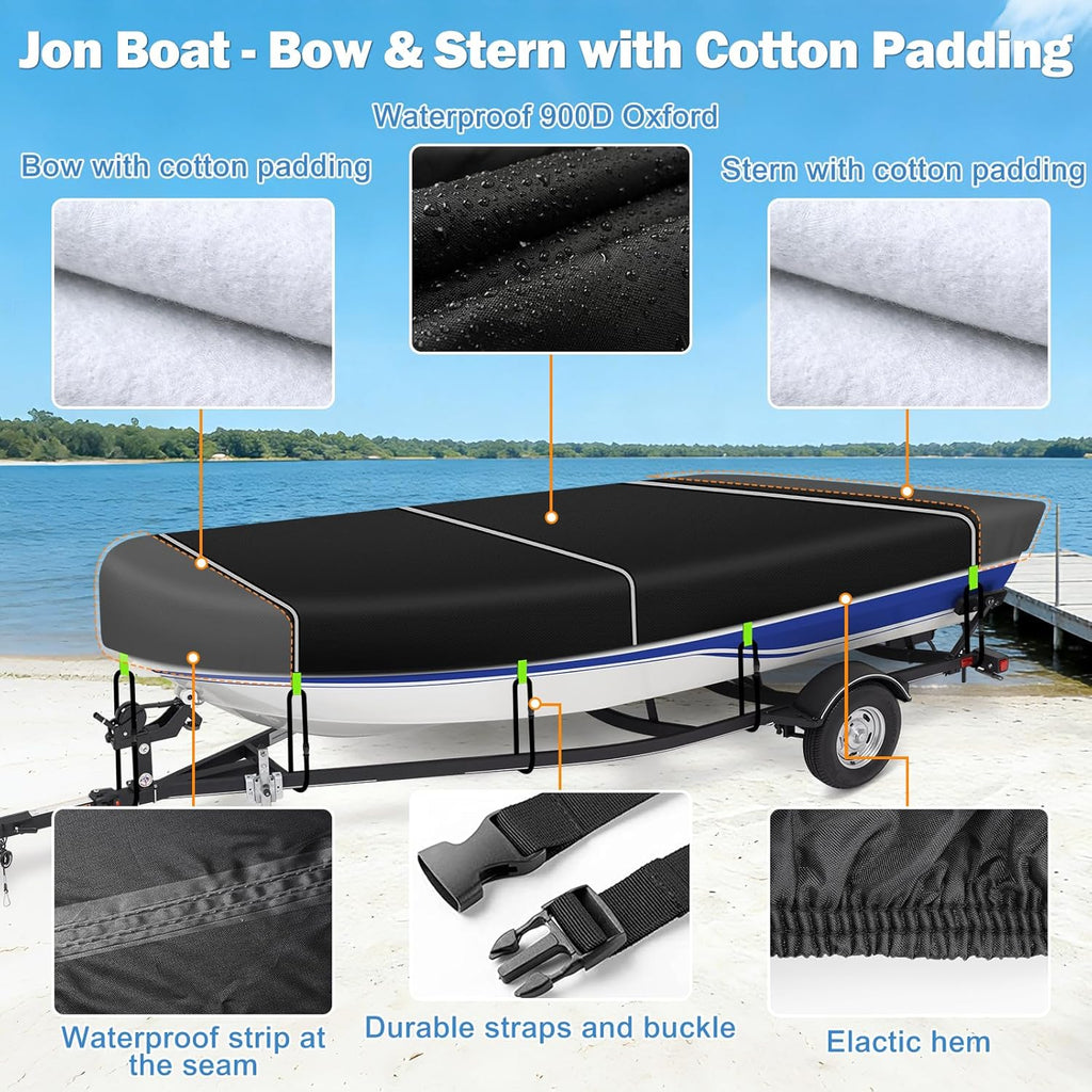 900D Oxford Jon Boat Cover 14-16FT, Waterproof Trailerable | 10 Windproof Heavy Duty Straps,Waterproof All-Weather