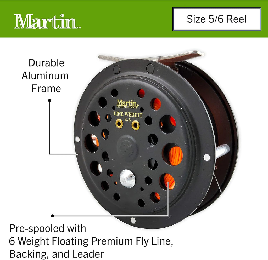 Martin Complete Fly Fishing Kit, 8-Foot 5/6-Weight 3-Piece Fly Fishing Pole, Size 5/6 Rim-Control Reel, Pre-spooled