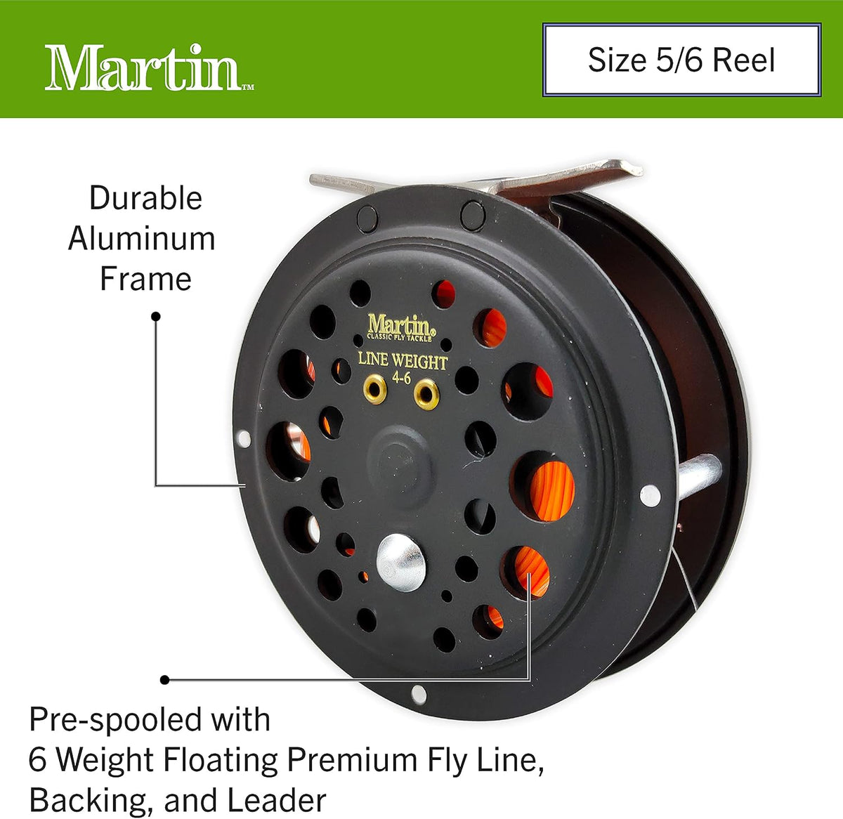 Martin Complete Fly Fishing Kit, 8-Foot 5/6-Weight 3-Piece Fly Fishing Pole, Size 5/6 Rim-Control Reel, Pre-spooled