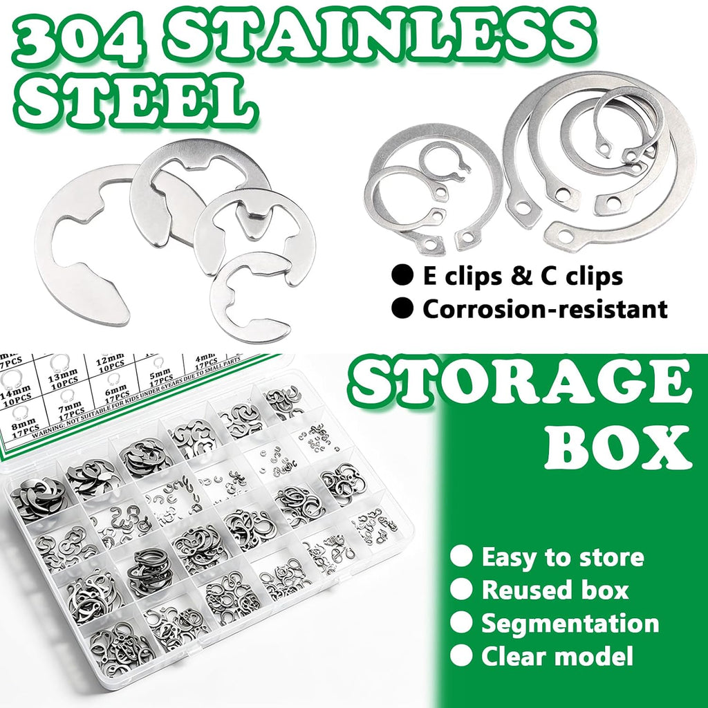330PCS Snap Rings Kit, E Clips Kit (1.2-10MM) and C Clips Kit (3-14MM)