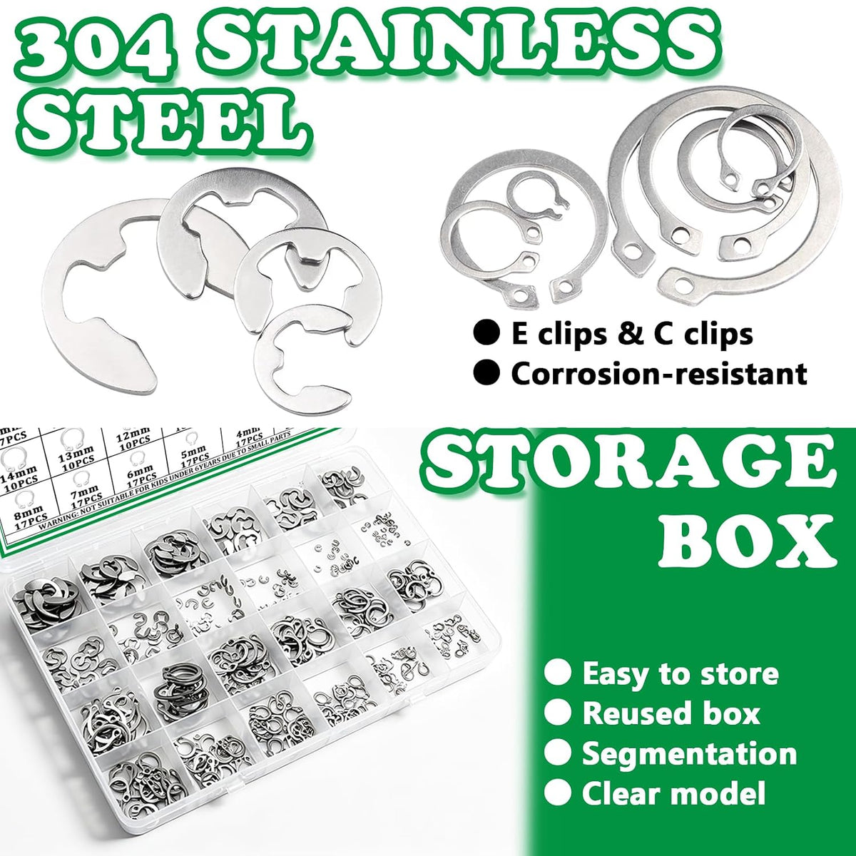 330PCS Snap Rings Kit, E Clips Kit (1.2-10MM) and C Clips Kit (3-14MM)