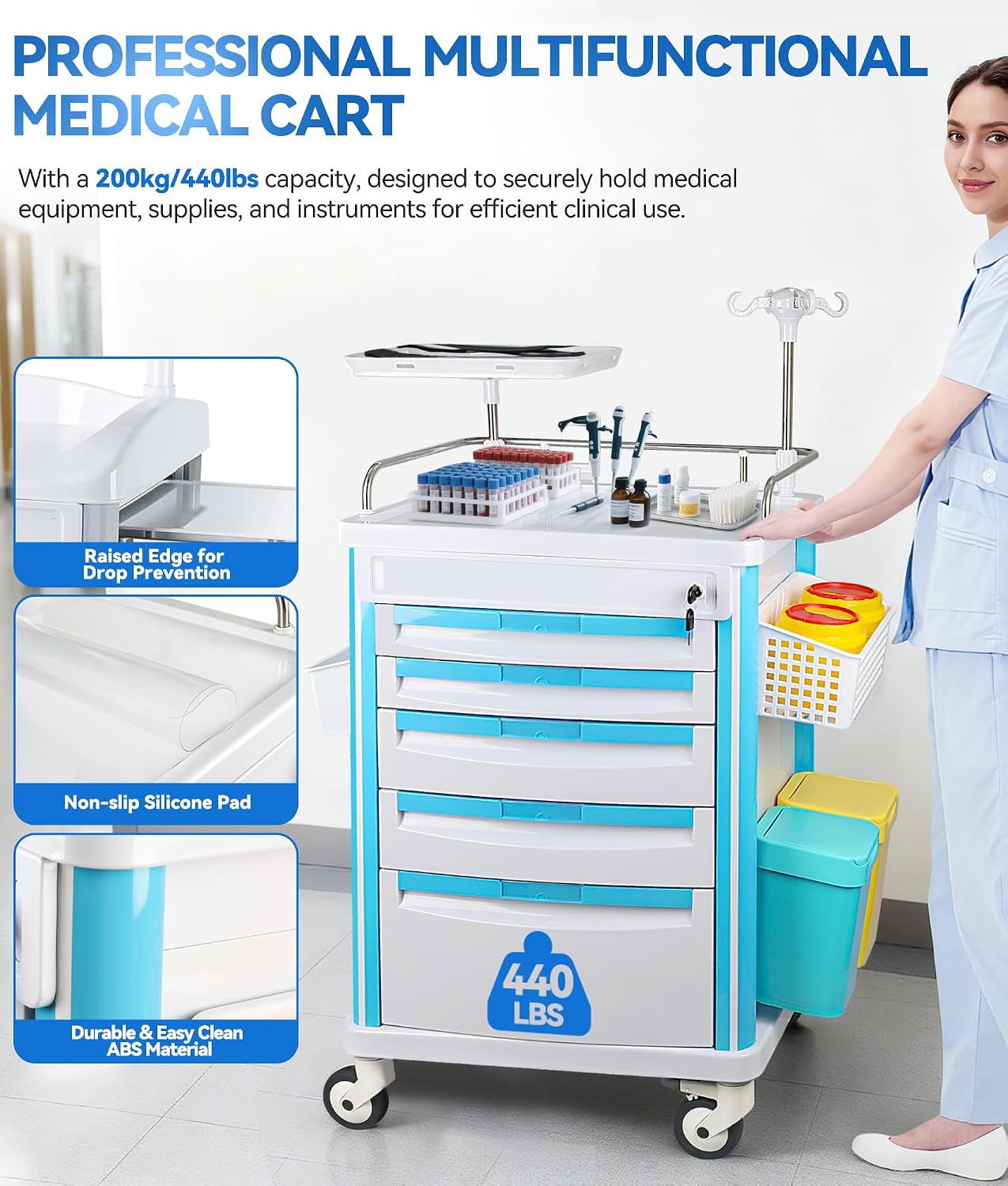 Medical Rolling Storage Crash Cart with Wheels & Drawers, Hospital Mobile Ultrasound cart with 5 Drawers & Power