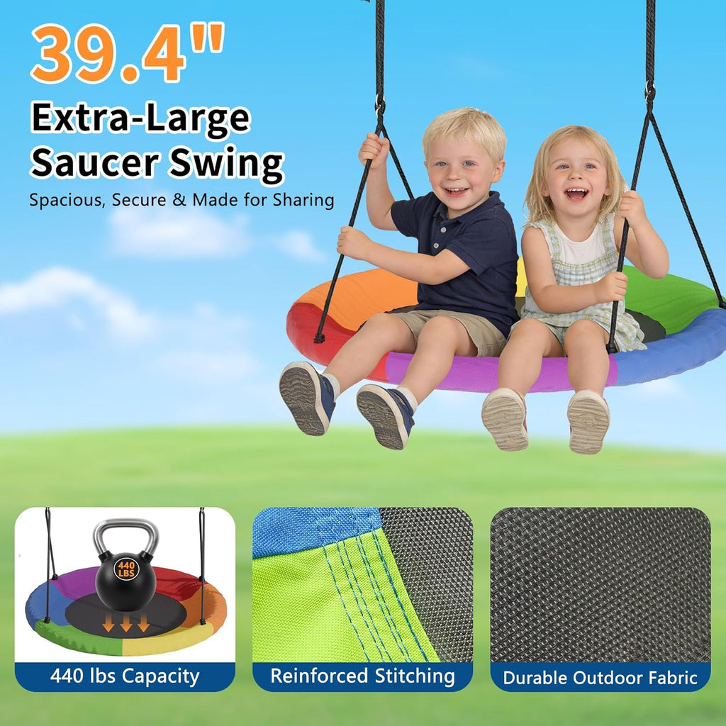 440lbs Swing Frame Set with Stand–Saucer Swing, Belt Swing & Baby Swing, Heavy Duty Metal Swing Set with Adjustable