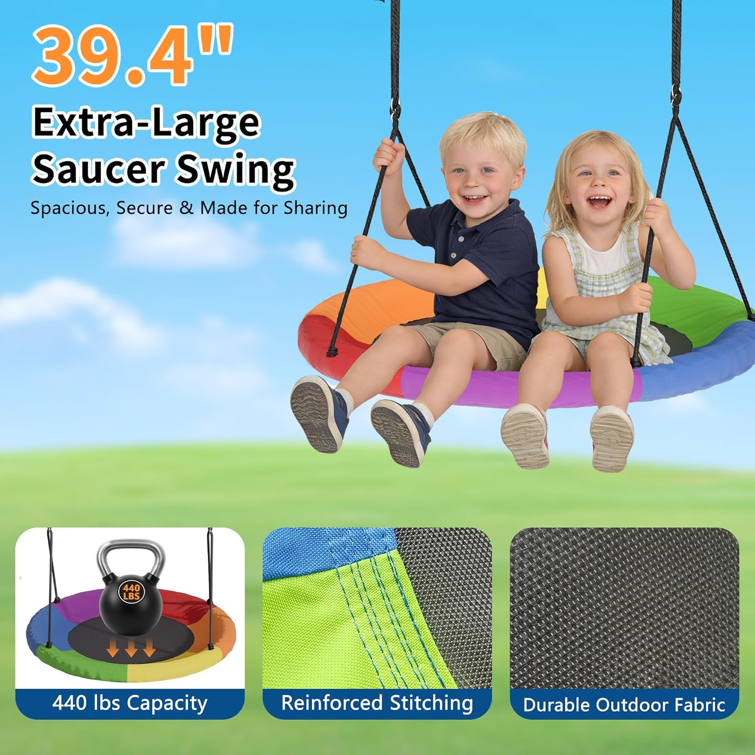 440lbs Swing Frame Set with Stand–Saucer Swing, Belt Swing & Baby Swing, Heavy Duty Metal Swing Set with Adjustable