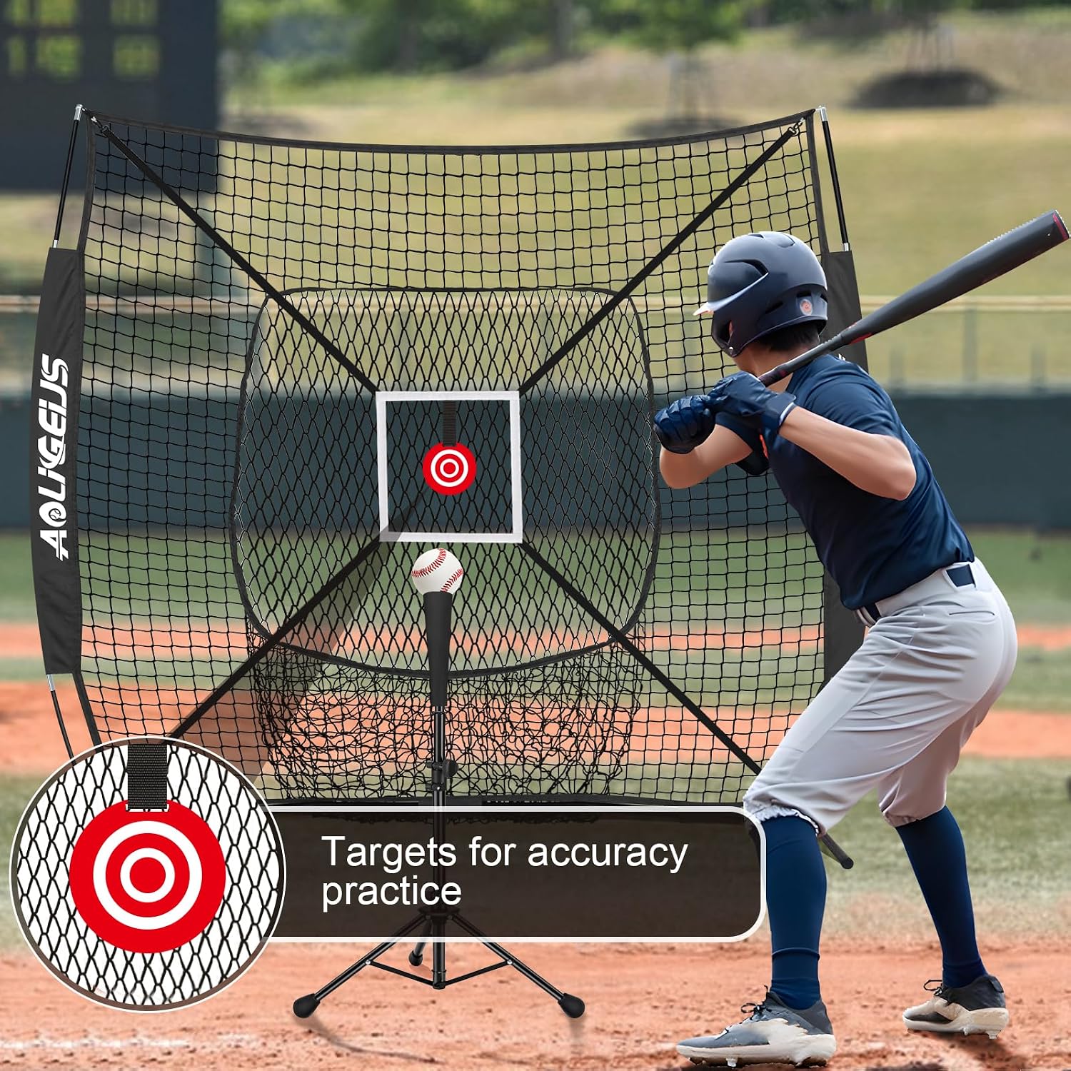 6'x6' Baseball Softball Practice Net, Batting Tee & Ball Caddy | Baseball Pitching Hitting Net with Strike Zone