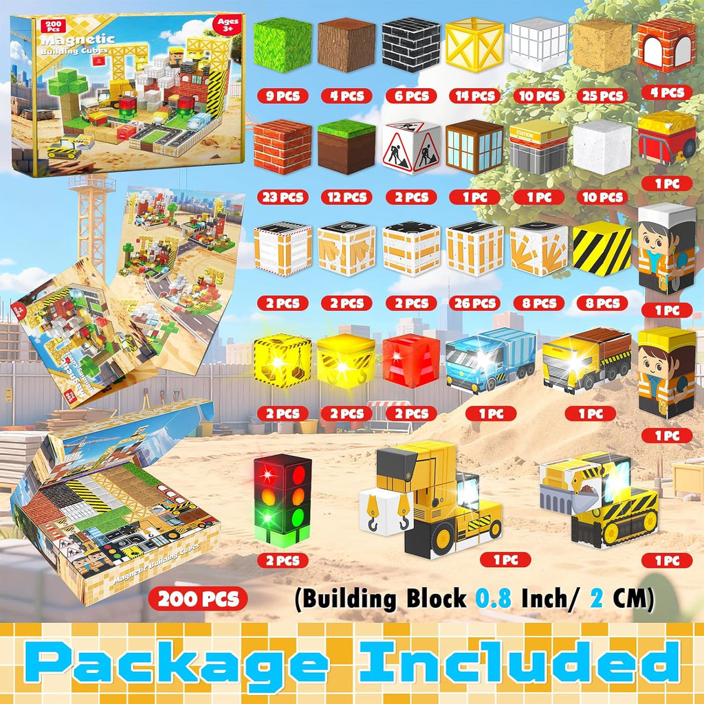 200PCS Light Up Magnetic Blocks - Magnet Building Blocks, Stacking Magent Cubes Construction Theme, STEM Montessori
