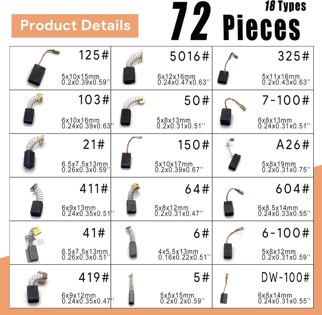 Electric Motor Carbon Brushes, Set of 72 PCS in 18 Sizes
