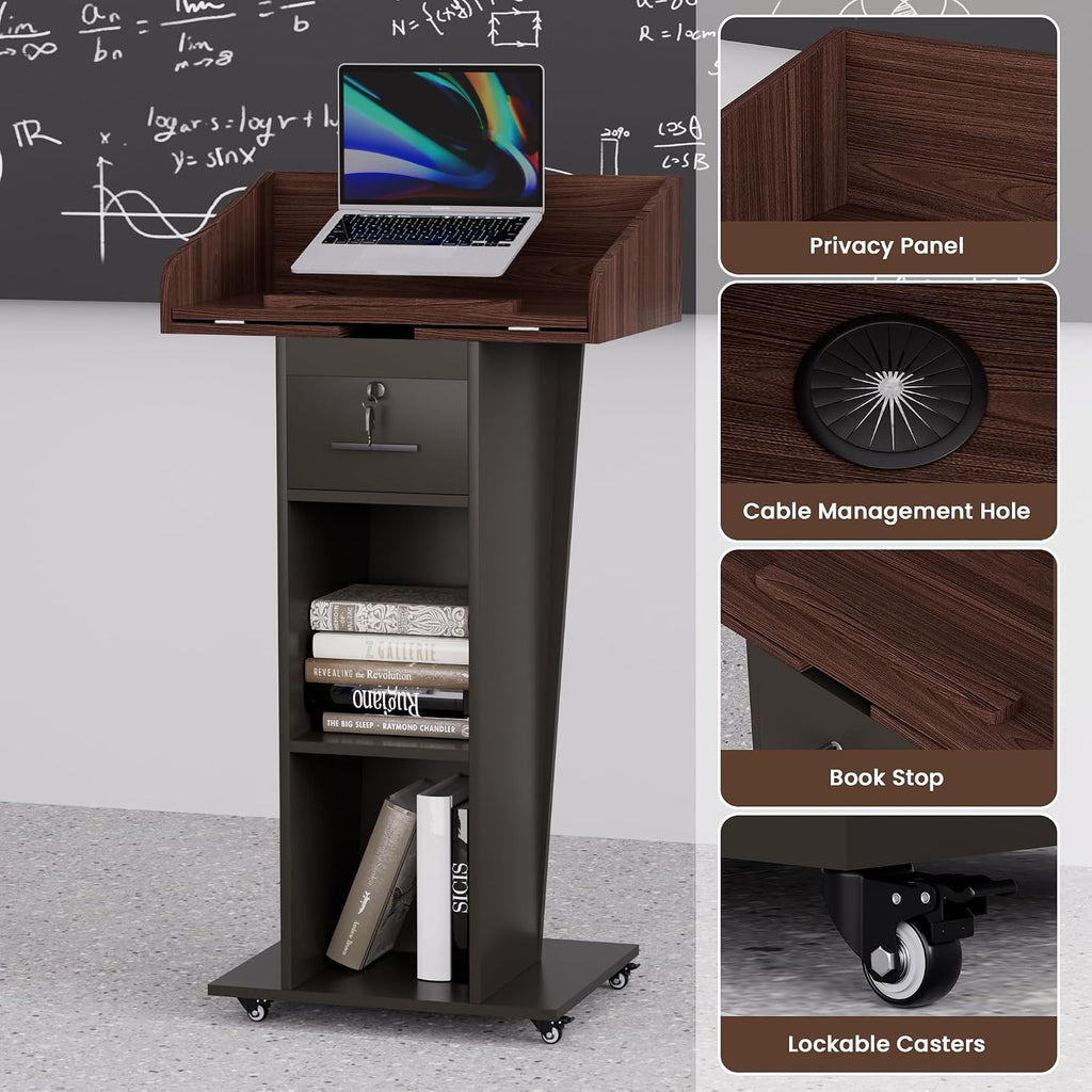 Podium Stand with Adjustable-Angle Tabletop, Wheels & Lockable Drawer