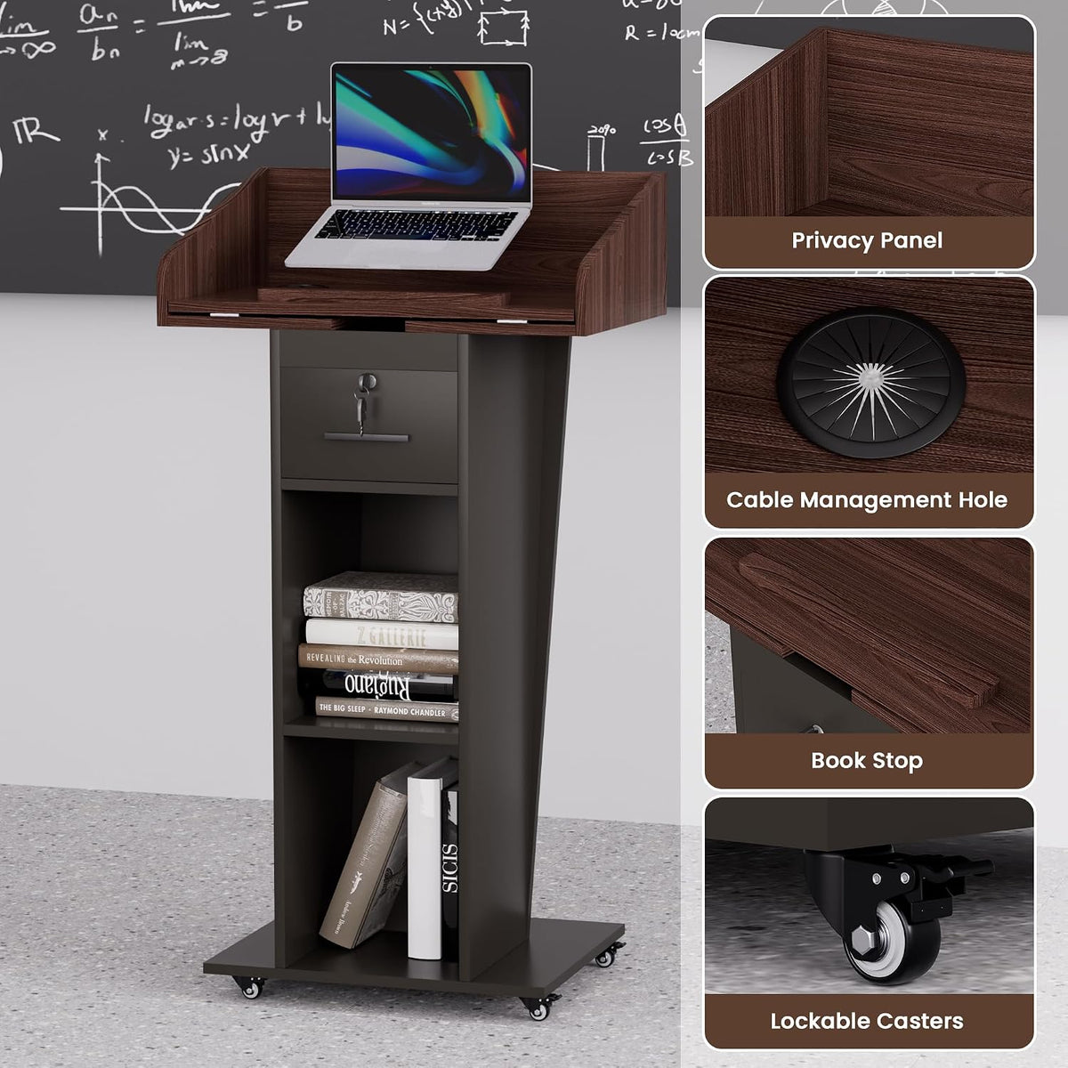 Podium Stand with Adjustable-Angle Tabletop, Wheels & Lockable Drawer