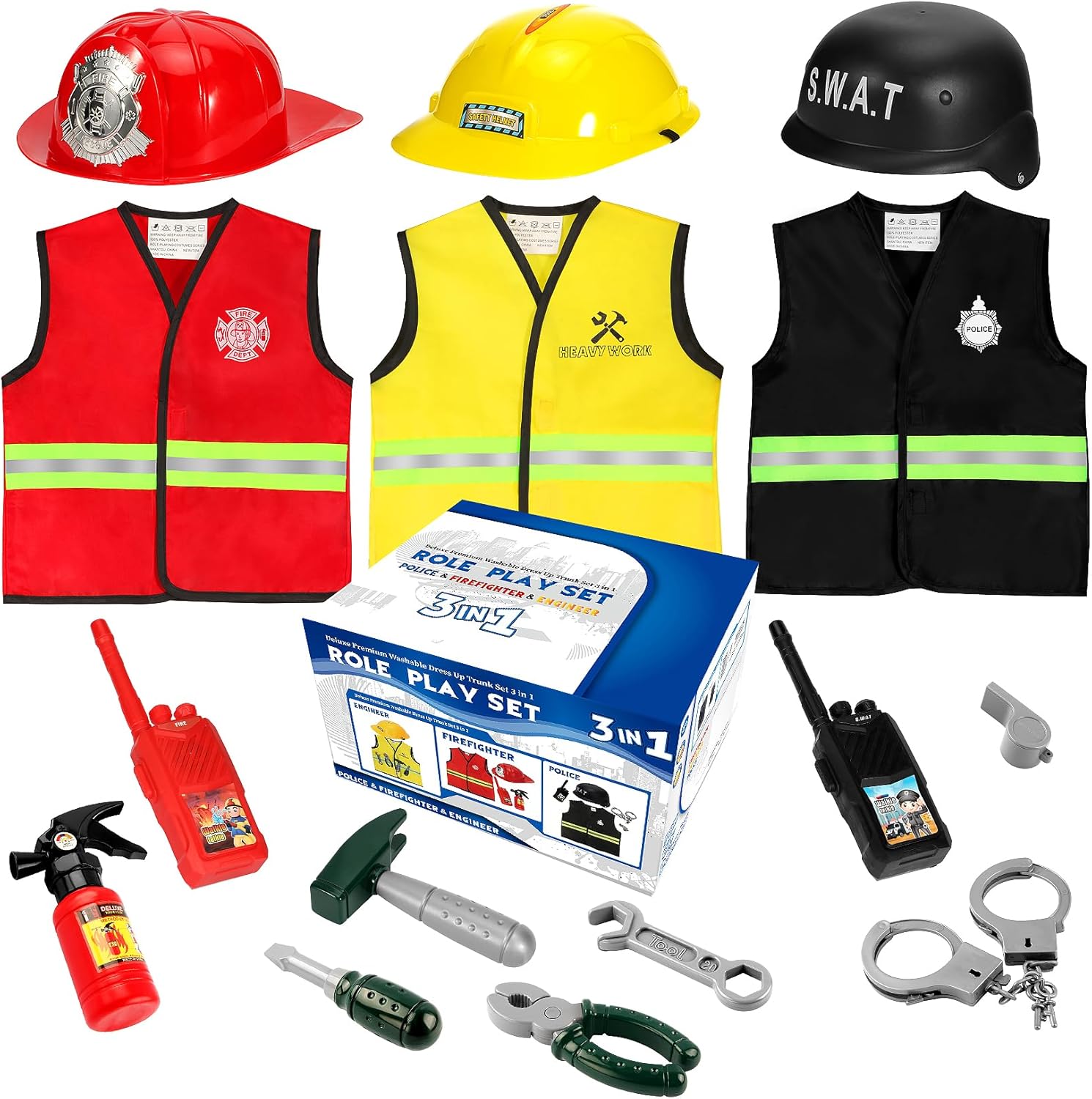 Boys Dress up Trunk Costumes Set,15pcs Pretend Role Play Set Fireman, Police, Construction Worker Costume with