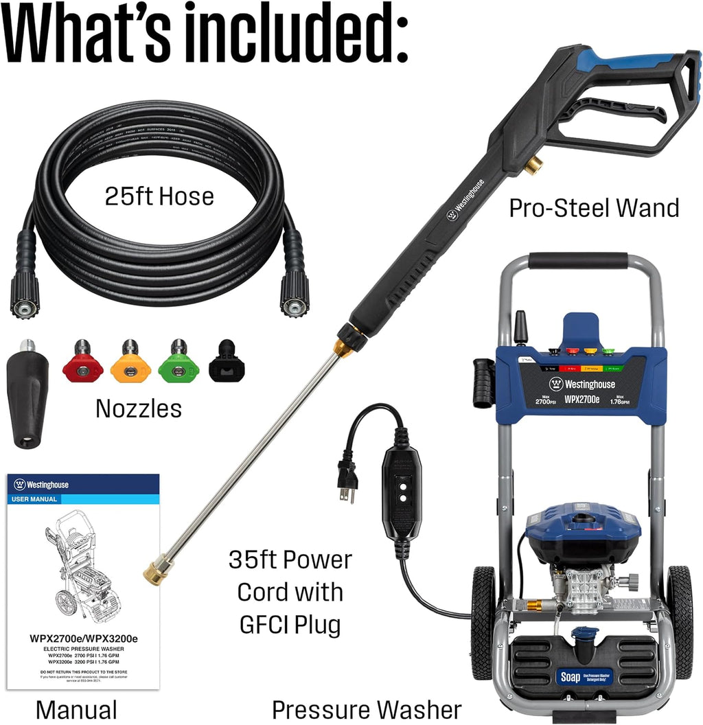 WPX2700e Electric Pressure Washer, 2700 Max PSI and 1.76 Max GPM, Induction Motor, Onboard Soap Tank, Spray Gun and