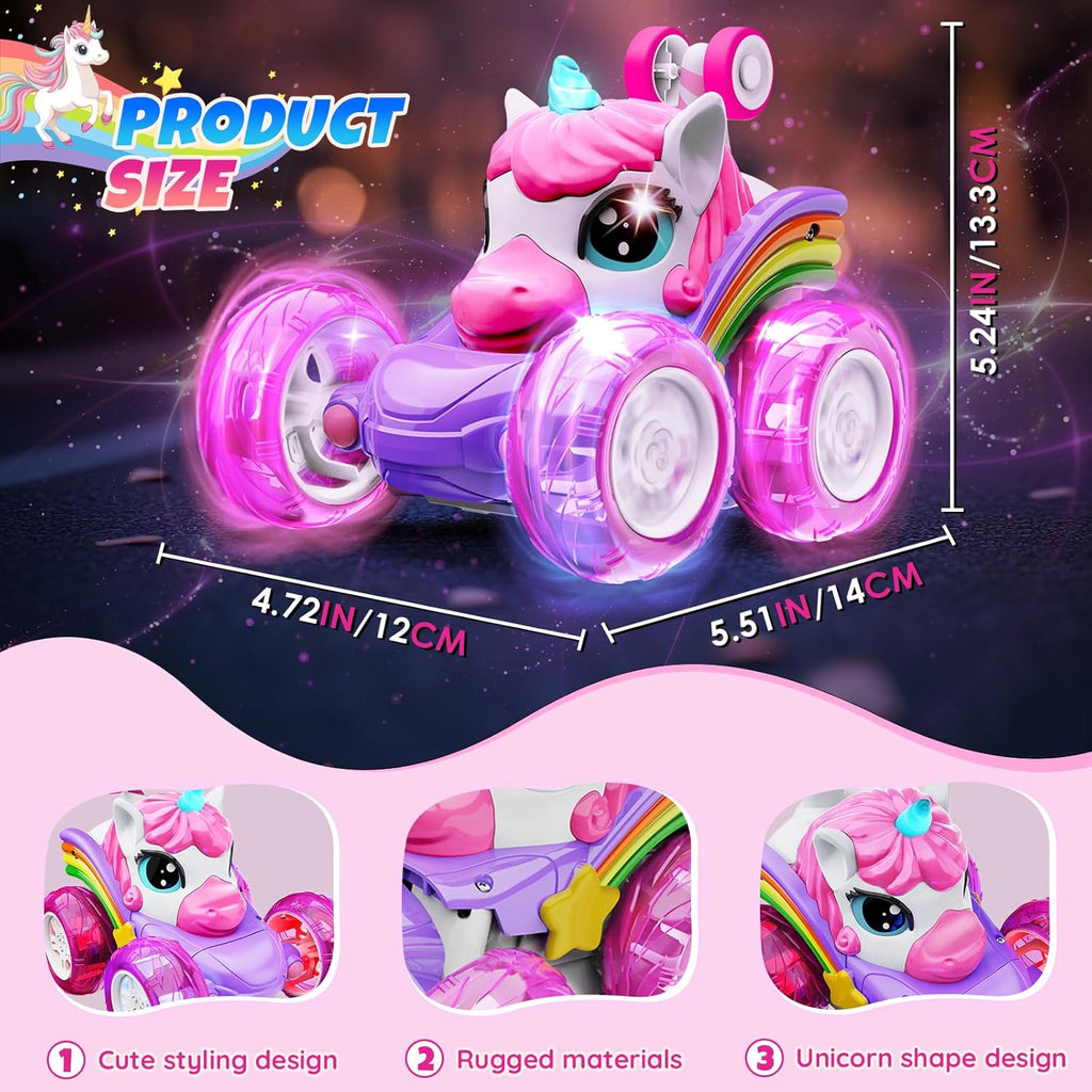 Unicorn Remote Control Car Toys for Girl - 360° Rotating Pink RC Stunt Cars 4WD Remote Cars for Kids, 2.4GHz Toy Car