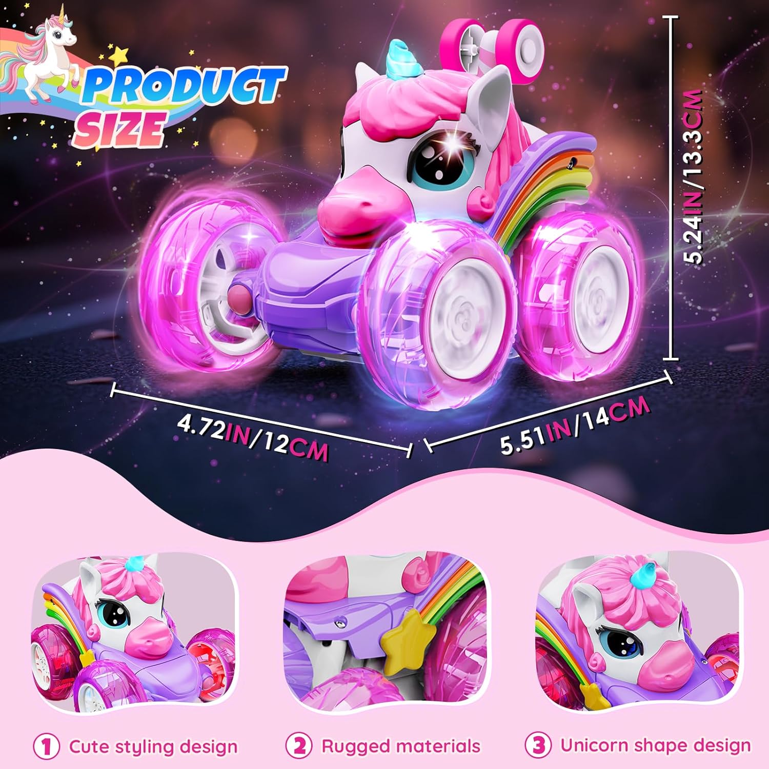Unicorn Remote Control Car Toys for Girl - 360° Rotating Pink RC Stunt Cars 4WD Remote Cars for Kids, 2.4GHz Toy Car