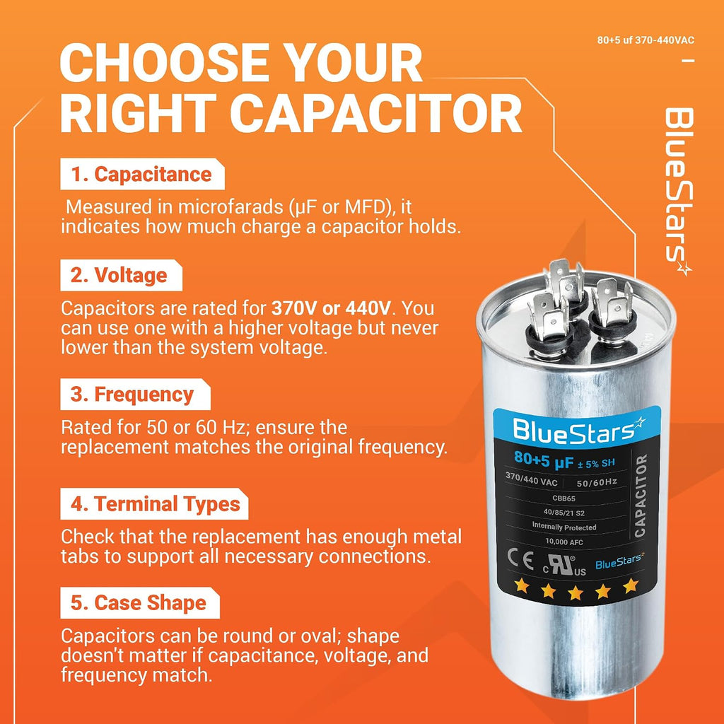 BlueStars 80+5 uF MFD 370 Or 440V Dual Run Capacitor TP-CAP-80/5/440R