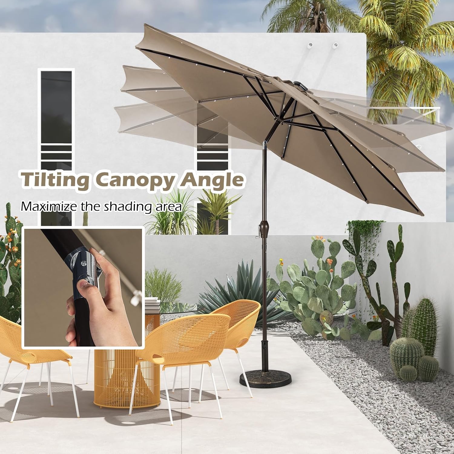 9ft/10ft Outdoor Patio umbrella with Solar Lights, Table Market Umbrella with Crank and Push-button Tilt System