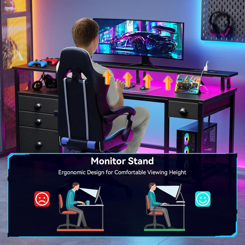 60" Black Computer Desk with 4 Drawers and Printer Space, Gaming Desk with LED Lights and USB Power Outlets, Home