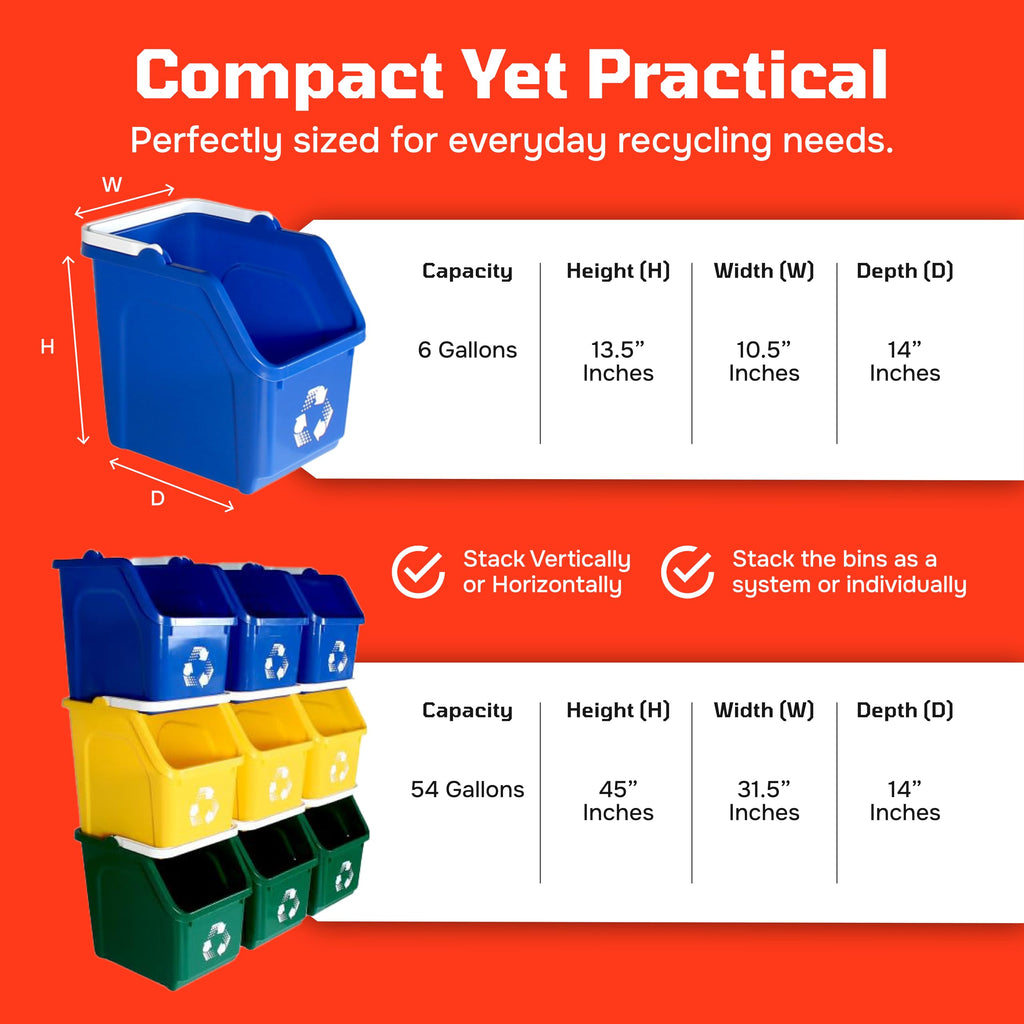 9 Stackable Recycling Bin System 54 Gallons Total | Small 6 Gallon Each Bin