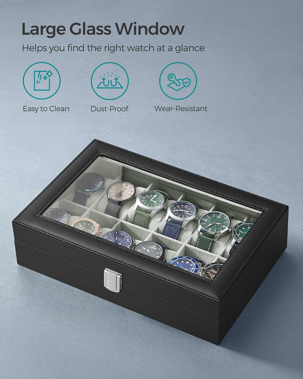 Watch Box, 12-Slot Watch Case Organizer with Large Glass Lid, Removable Pillows, Gift for Loved Ones, Black Synthetic