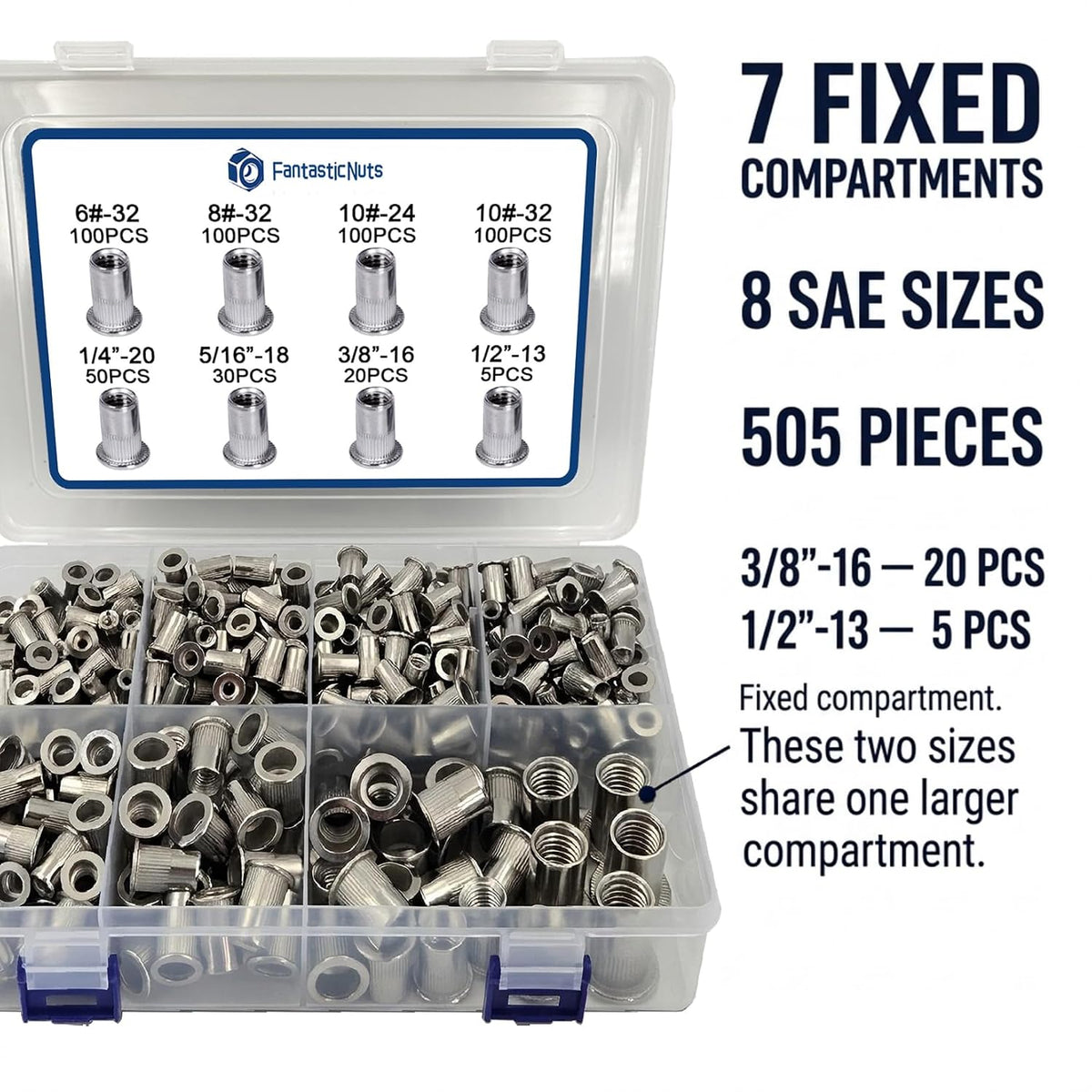 505 Pcs Stainless Steel SAE Rivet Nut Assortment Kit