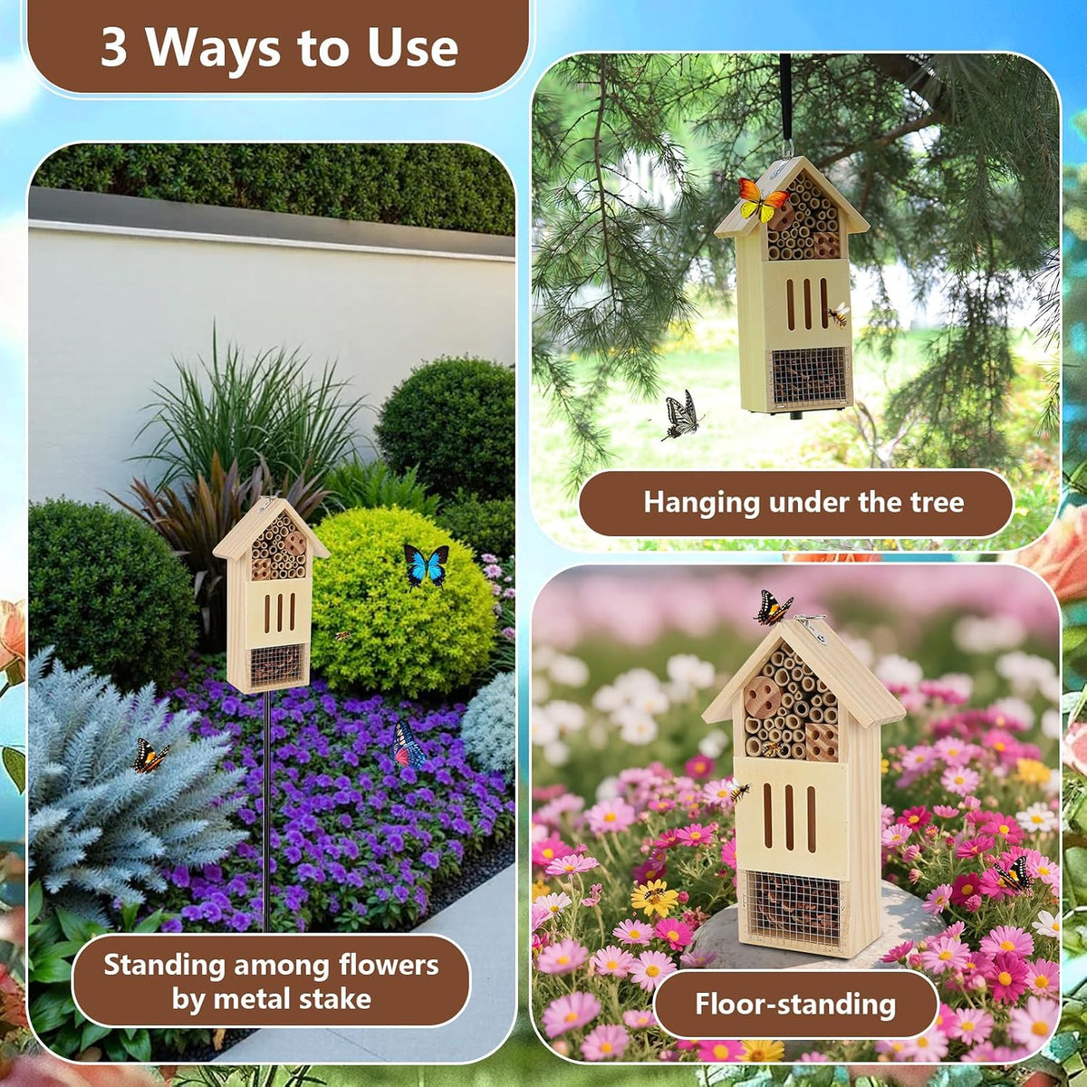 Wooden Insect House, Bee House with Metal Stake for Garden