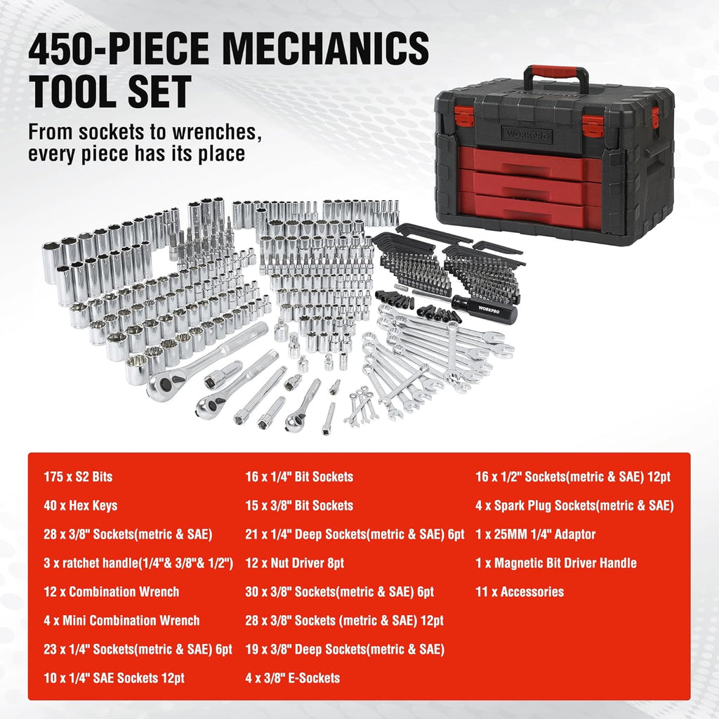 450-Piece Drive Socket Set 1/2" 1/4" 3/8", CR-V Metric and Imperial with Quick-Release Ratchet Wrench, Spanners, Bits