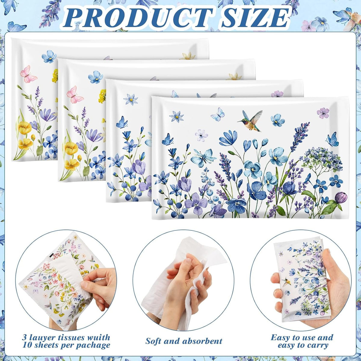 100 Pack Floral Pocket Tissues, 3 Ply Wallet Size Pocket Tissues