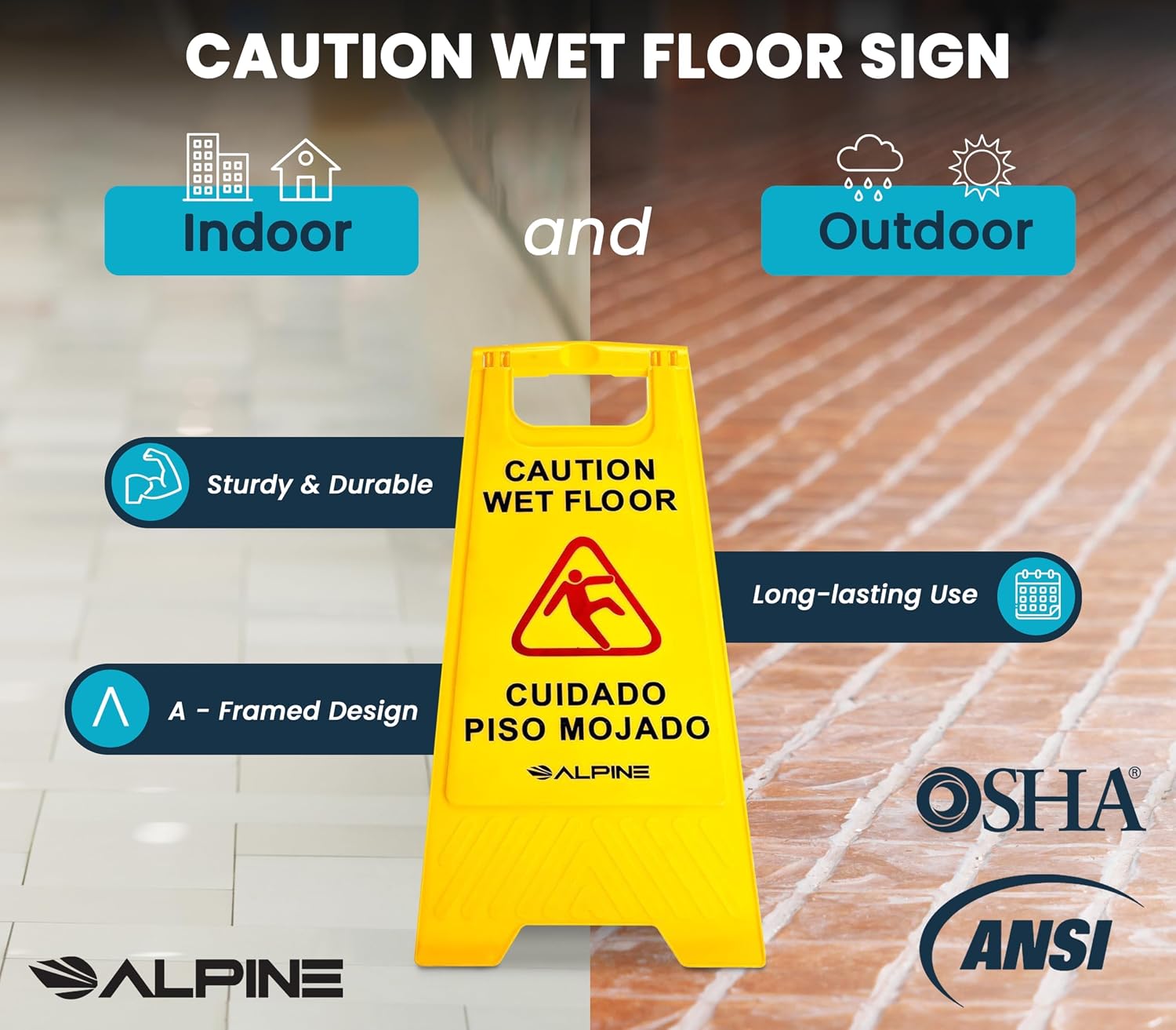 Caution Wet Floor Signs 5 Pack - 24 Inch, High Visibility Yellow Slippery When Wet Sign - Bilingual Safety Warning