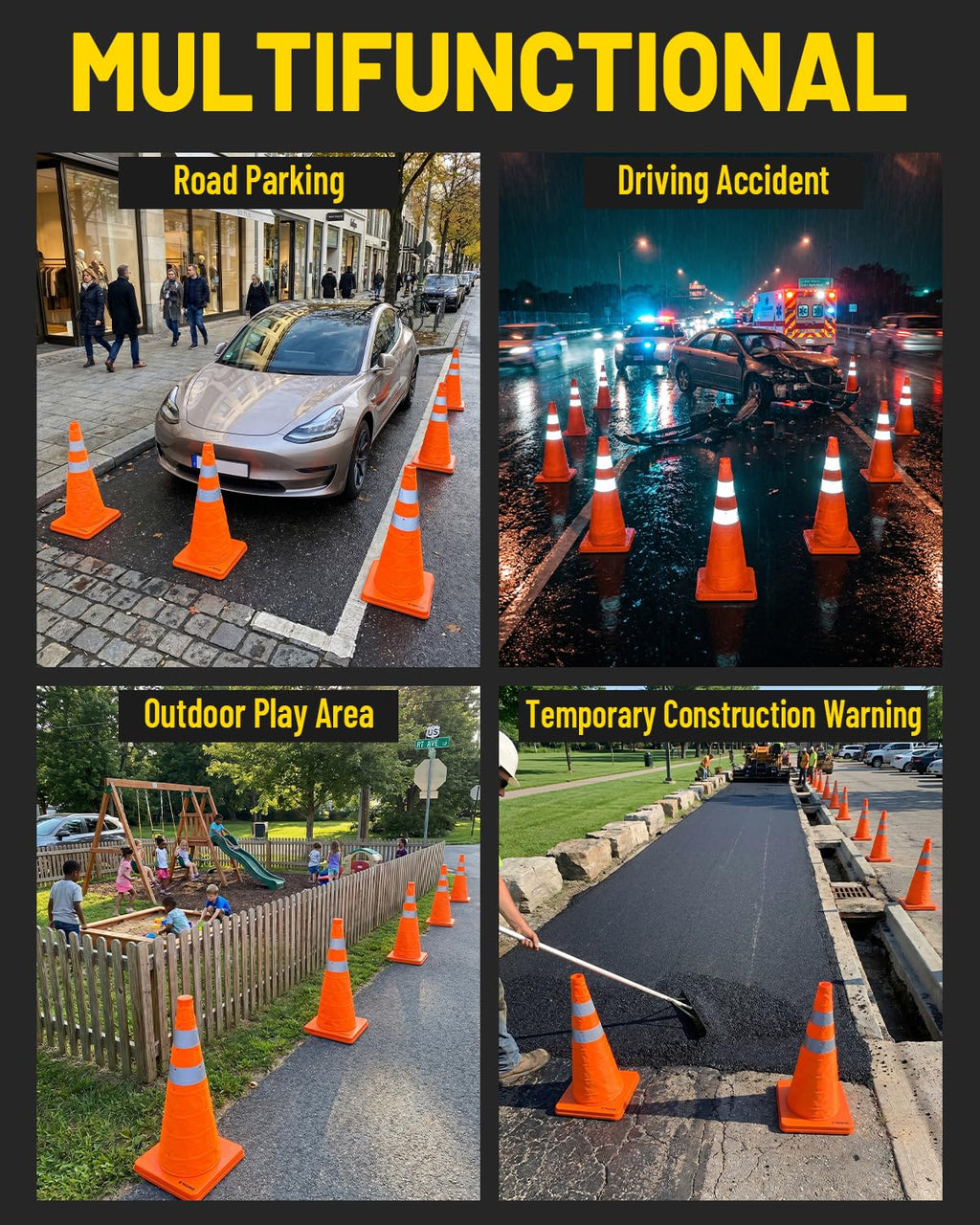 28 Inch 2 Pack Collapsible Traffic Cones | Pop-up Orange Cones with 2 Reflective Collars, Multi-Purpose Protable