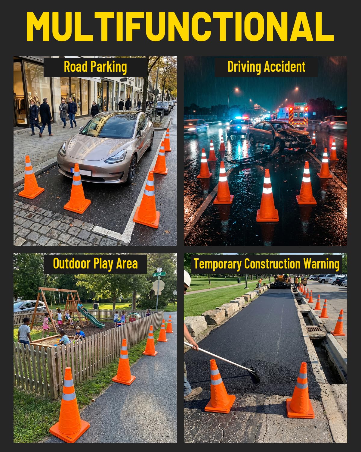 28 Inch 2 Pack Collapsible Traffic Cones | Pop-up Orange Cones with 2 Reflective Collars, Multi-Purpose Protable