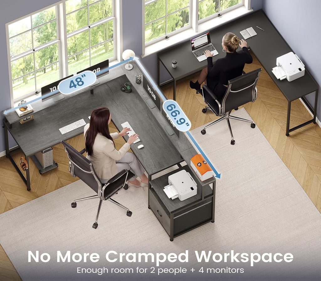 L Shaped Desk, 66" Home Office Desk with File Drawer & Power Outlet, Gaming Desk with Led Lights, Corner Computer