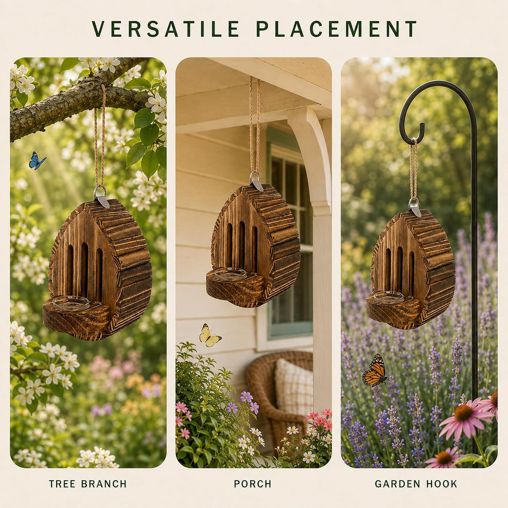 Wood Butterfly House for Outside Teardrop Habitat with Removable Feeder