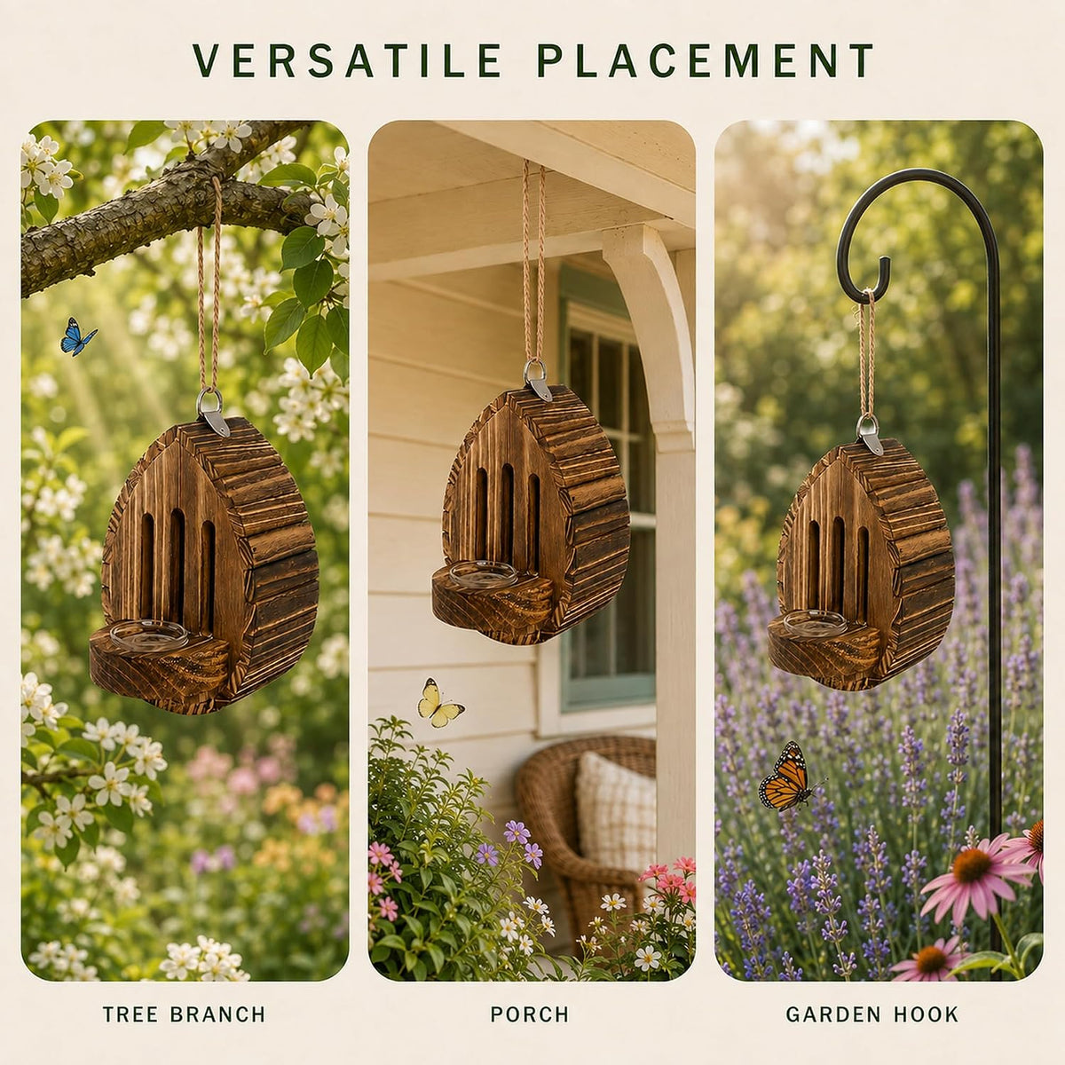Wood Butterfly House for Outside Teardrop Habitat with Removable Feeder