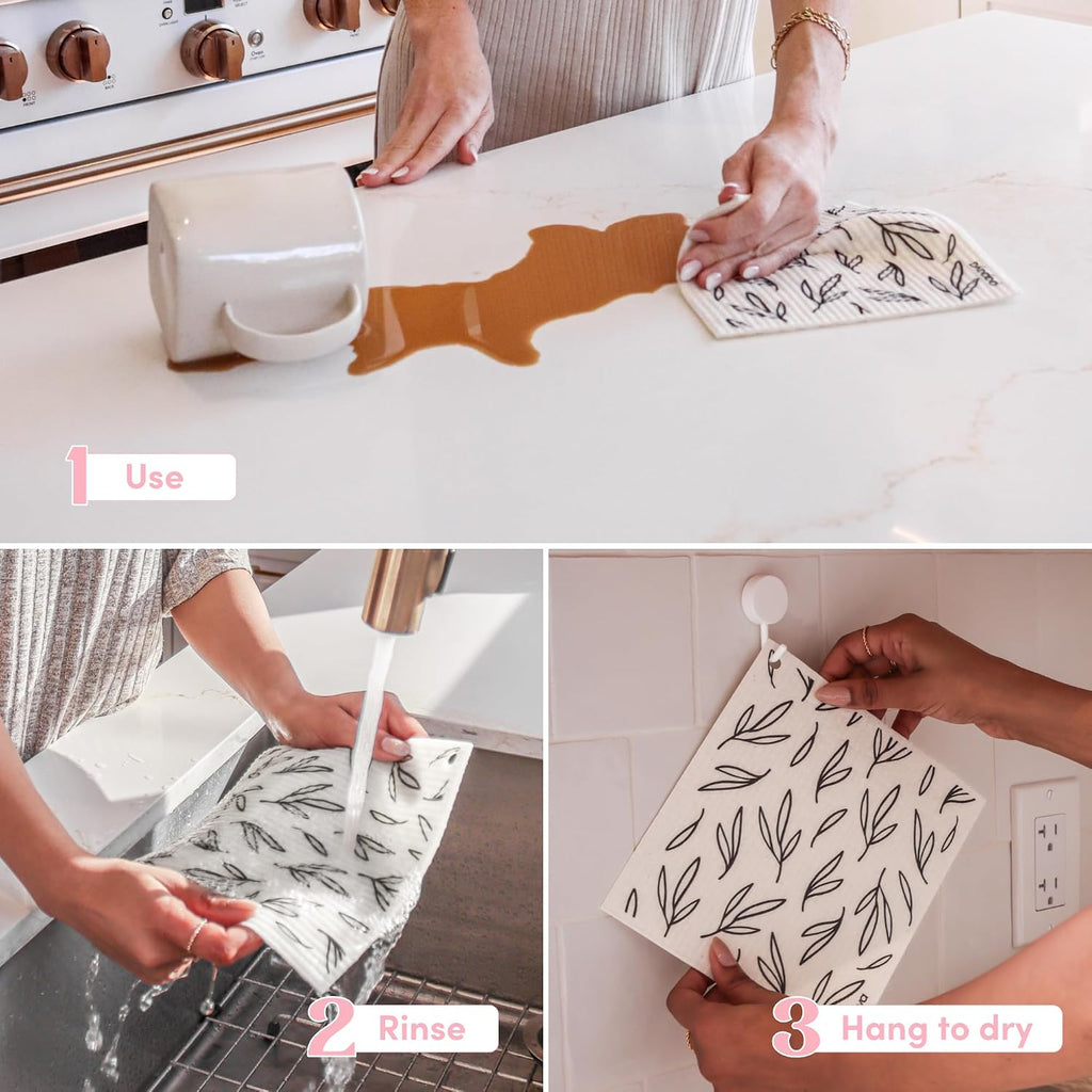 Swedish Dishcloths for Kitchen, 2 Reusable Paper Towels, 1 Hook