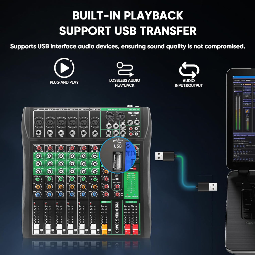 6 Channel Audio Mixer, Professional DJ Mixer Board Sound Music Mixing Console Digital Mixer with Reverb, Bluetooth
