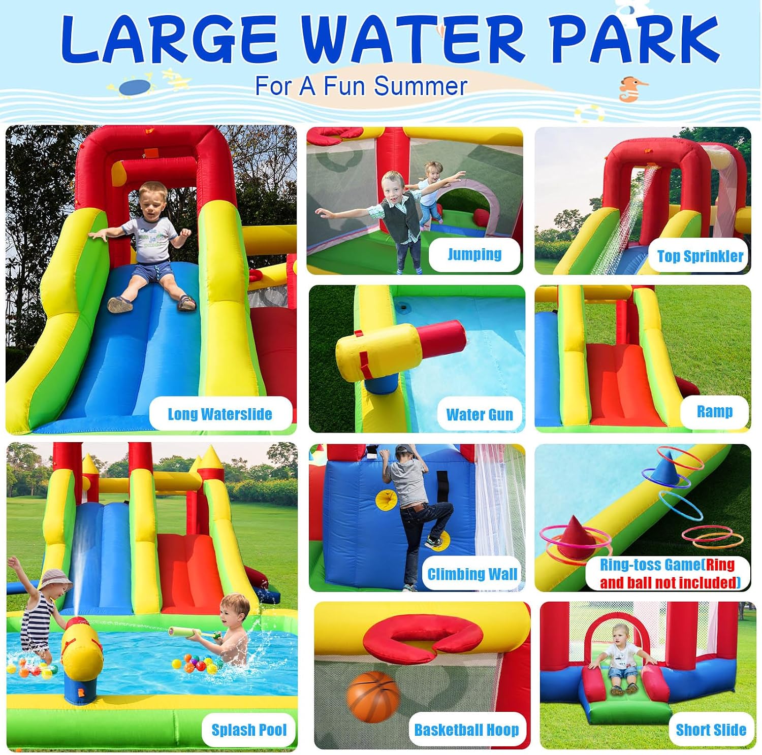 Inflatable Water Park Bounce House with Wet Water Slide & Dry Ramp | Combines 3 Slides,Bouncer, Climbing Wall,Top