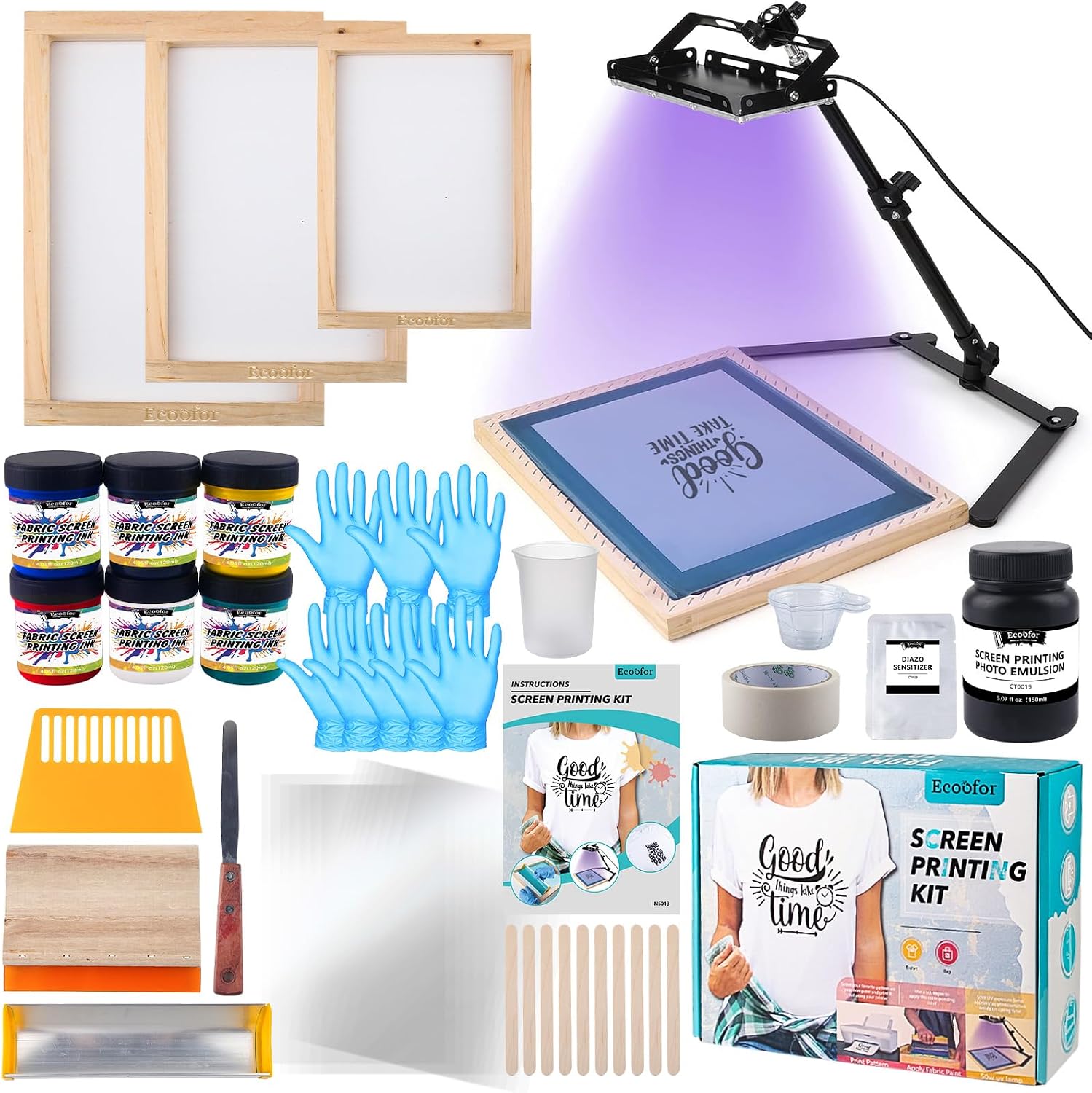 53Pcs Screen Printing Kit All-in-One Set with 50W UV Exposure Lamp, 3 Size Wooden Screen Printing Frames, 6 Color
