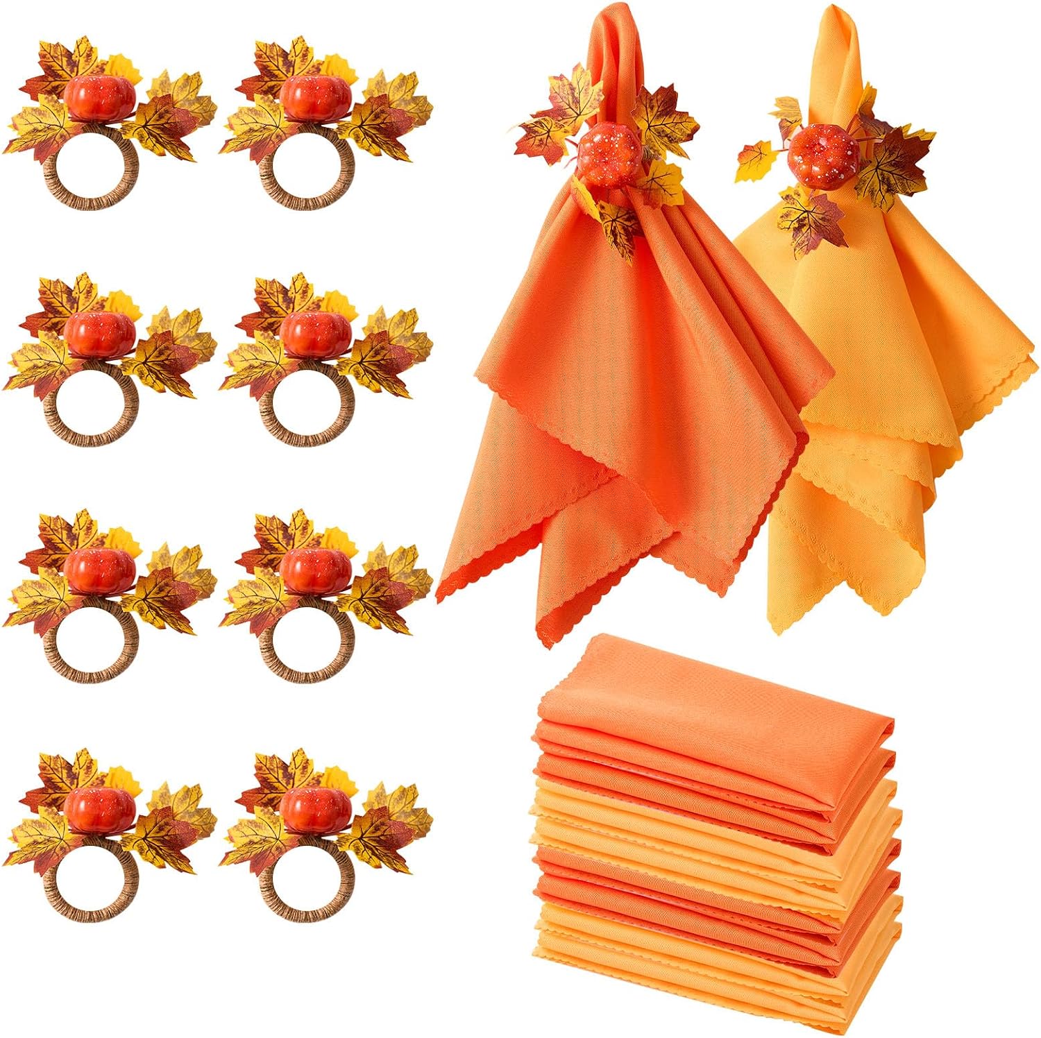 Fall Thanksgiving Decorations Set of 16, Fall Cloth Napkins & Napkin Rings | 8 Pcs Fall Thanksgiving Napkins Cloth &